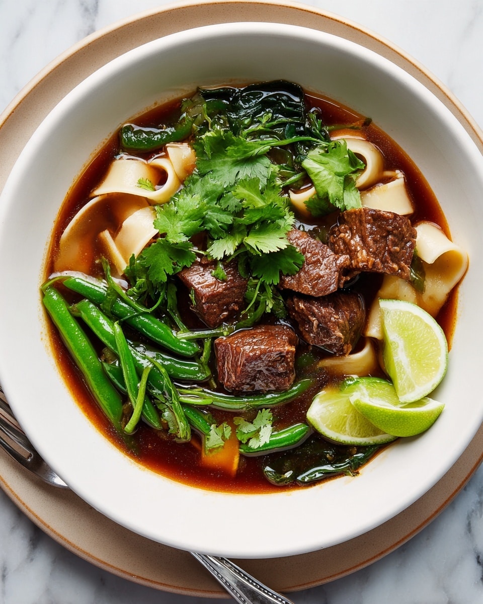 In a white bowl on a white marbled surface, there is a layered dish starting with wide, flat rice noodles forming the base. Over the noodles, several dark brown grilled pieces of meat are placed along with long, bright green chilies and wilted green leafy vegetables. The whole dish is covered in a rich, reddish-brown broth with visible spices. Fresh bright green cilantro leaves sit on top near a light green lime wedge on the side, adding fresh color contrast. The textures range from smooth noodles, sturdy meat, to soft greens. Photo taken with an iphone --ar 4:5 --v 7