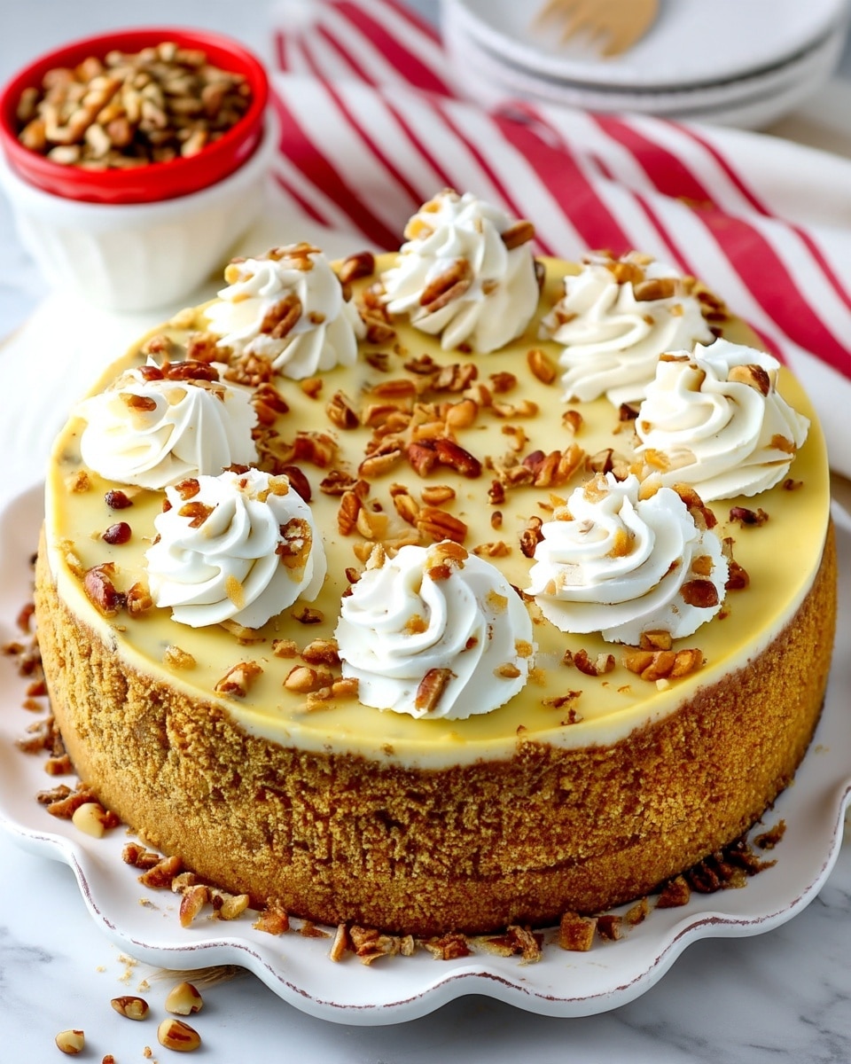 A slice of creamy cheesecake with visible small chocolate bits is placed on a white plate with a decorative edge. The cheesecake has three distinct layers: a light brown crumbly crust at the bottom, a thick white creamy middle layer with chocolate pieces, and a top layer of white whipped cream rosettes. Drizzled caramel sauce covers the top, dripping down the sides and pooling slightly on the plate. A silver dessert fork with a bite-sized piece of cheesecake rests beside the slice. In the background, there is a white marbled surface with another cheesecake on a white plate and a white bowl with a red rim filled with chopped nuts. photo taken with an iphone --ar 4:5 --v 7