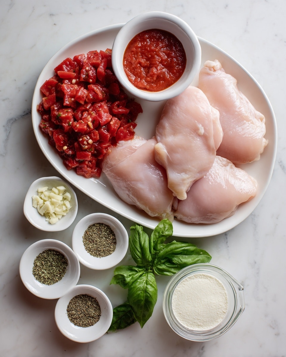 The image shows raw chicken pieces placed in the middle on a white plate, with smooth pink skin. On the left side, there are two small white bowls, one filled with bright red diced tomatoes with a chunky texture, and the other with a darker red marinara sauce that looks thick and rich. Below these bowls, fresh green basil leaves sit on the white marbled surface. Around the plate, there are four small white bowls arranged in a row, each containing dried basil (dark green specks), Italian seasoning (green and brown herb mix), and salt and pepper (small white and black granules). On the top right side, there is a small white bowl holding minced garlic that looks pale yellow. Below this, a small white bowl with white cornstarch powder sits near a clear measuring cup filled with off-white cream. The whole setup is on a white marbled surface, designed to show all ingredients clearly. Photo taken with an iphone --ar 4:5 --v 7