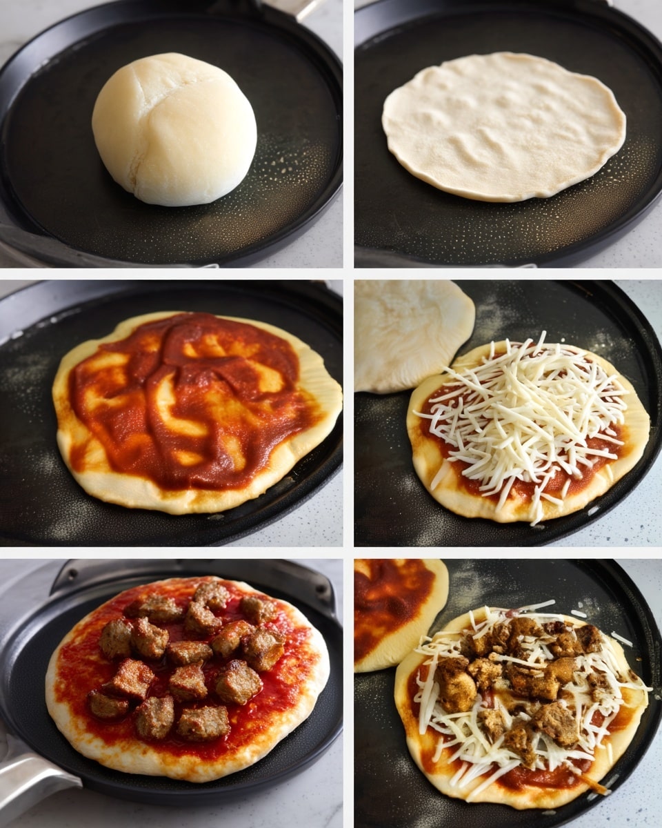 The image shows six steps of making small pizzas. The first step has a round dough ball with a soft, pale yellow color and smooth texture on a black pan. The second step shows the same dough rolled flat into a thin circle with slight wrinkles, placed on the same black pan. The third step shows two of the flat doughs side by side, looking soft and a little bumpy, on the black pan. The fourth step adds a layer of bright red tomato sauce spread unevenly over the dough, leaving a small edge around. The fifth step adds a thick layer of shredded white cheese covering almost all the tomato sauce on the dough. The final step shows cooked pieces of browned meat placed on top of the cheese-covered dough, with the other pizza partially visible on the side. The black pan rests on a white marbled surface photo taken with an iphone --ar 4:5 --v 7