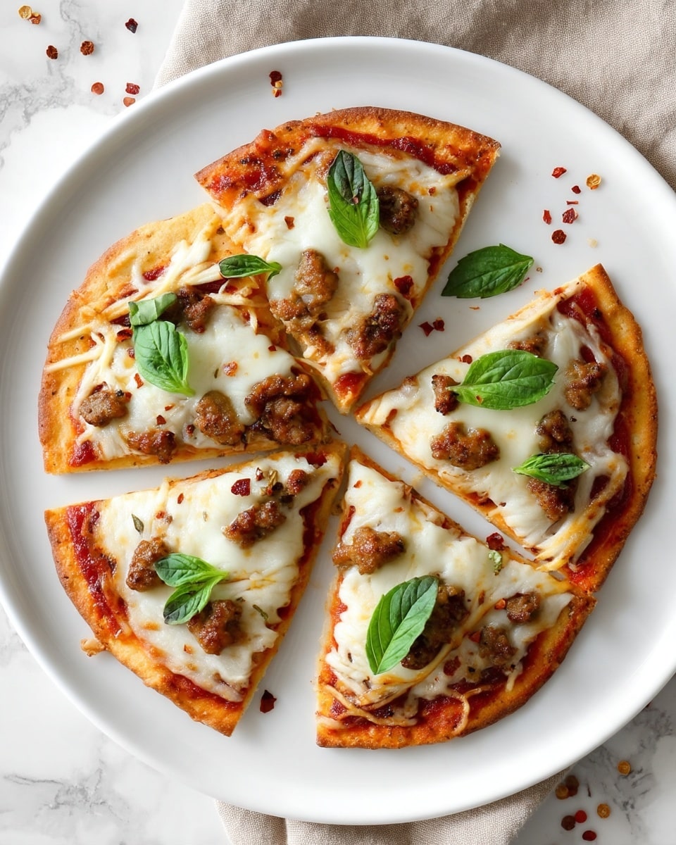 A white plate on a white marbled surface holds a small pizza cut into five slices arranged in a circular shape. The pizza has a thin, golden brown crust with a reddish sauce layer, topped with melted mozzarella cheese that is white and stringy. On top of the cheese are small, browned chunks of seasoned meat spread unevenly on each slice. Fresh green basil leaves are scattered over the pizza and the plate. The scene includes a light brown cloth underneath the plate and a few scattered red pepper flakes near the bottom right. photo taken with an iphone --ar 4:5 --v 7