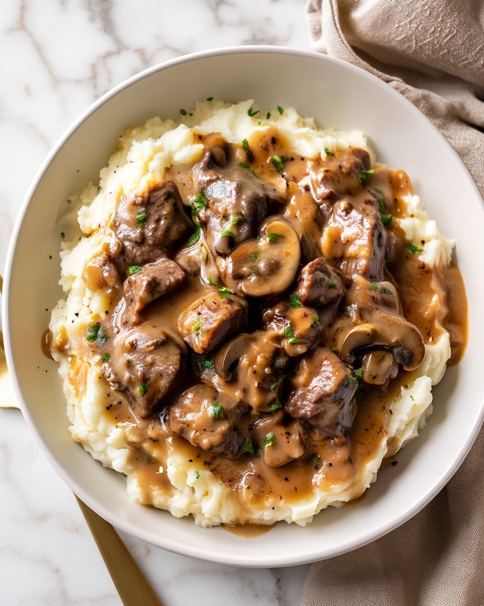 A white bowl filled with a thick layer of creamy, smooth mashed potatoes at the bottom, topped with chunks of brown beef pieces mixed with sliced brown mushrooms in rich, light brown gravy sauce with visible specks of black pepper and finely chopped green herbs scattered on top. The bowl is placed on a white marbled surface next to a beige cloth and a gold fork. Photo taken with an iphone --ar 4:5 --v 7