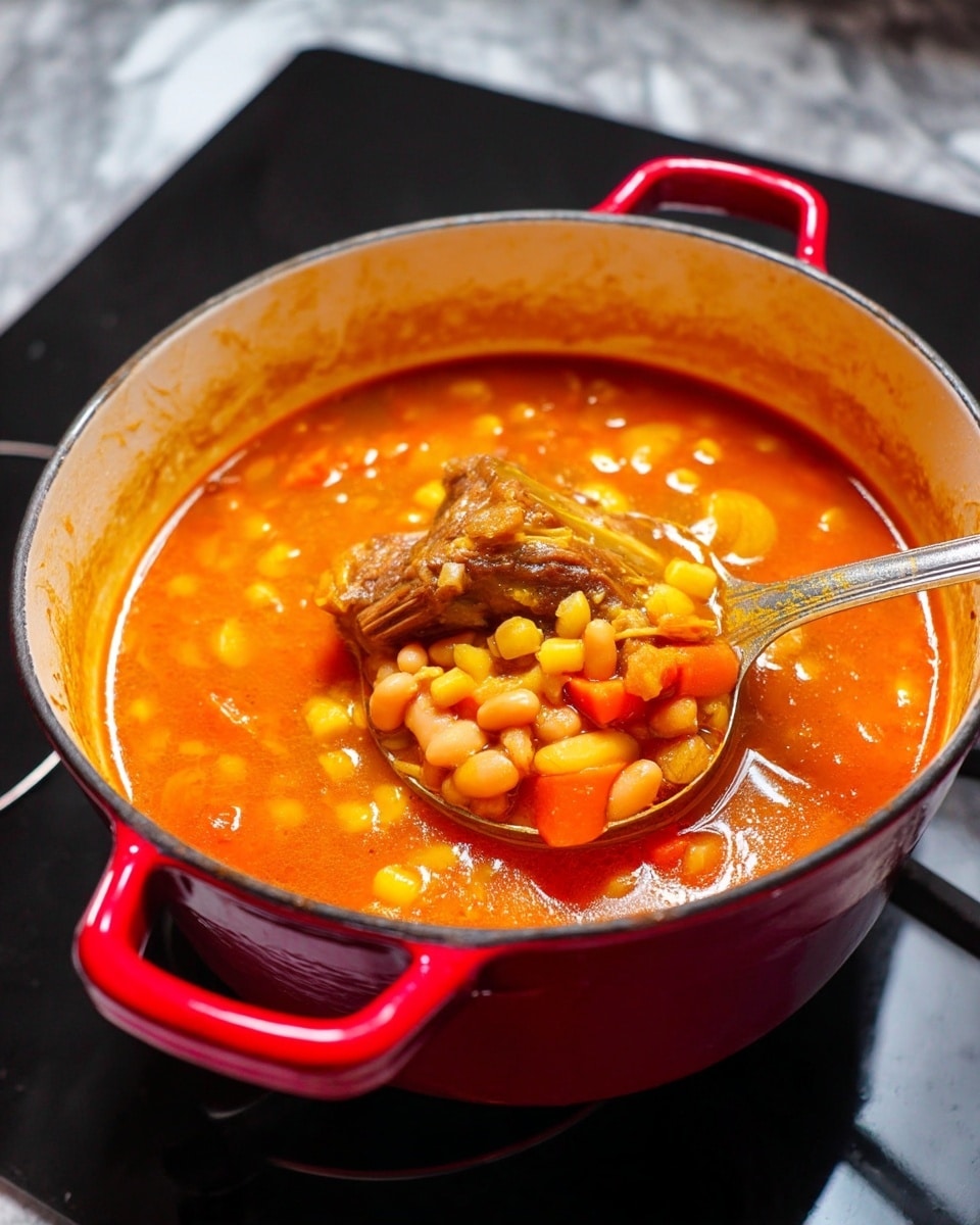A red pot filled with a rich orange-red soup, showing chunks of yellow beans, small pieces of carrot, and tender meat pieces. One large bone sticks up from the soup, and a metal spoon scoops out a helping of the beans and vegetables. The pot sits on a black stove, with a white marbled surface in the background photo taken with an iphone --ar 4:5 --v 7