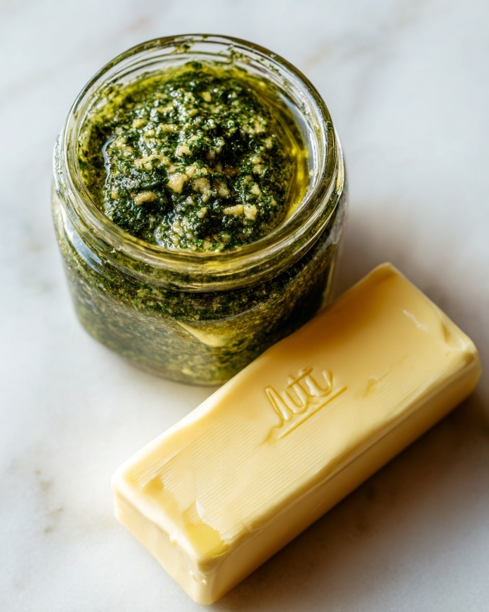 The image shows a glass jar filled with a green pesto mixture that has a slightly chunky texture with visible pieces of herbs and oil. Below the jar is a pale yellow stick of butter with printed text on it, resting diagonally on a white marbled surface. The green pesto and the butter are the main visual elements, both placed close together, with the bright green and pale yellow colors standing out clearly. Photo taken with an iphone --ar 4:5 --v 7