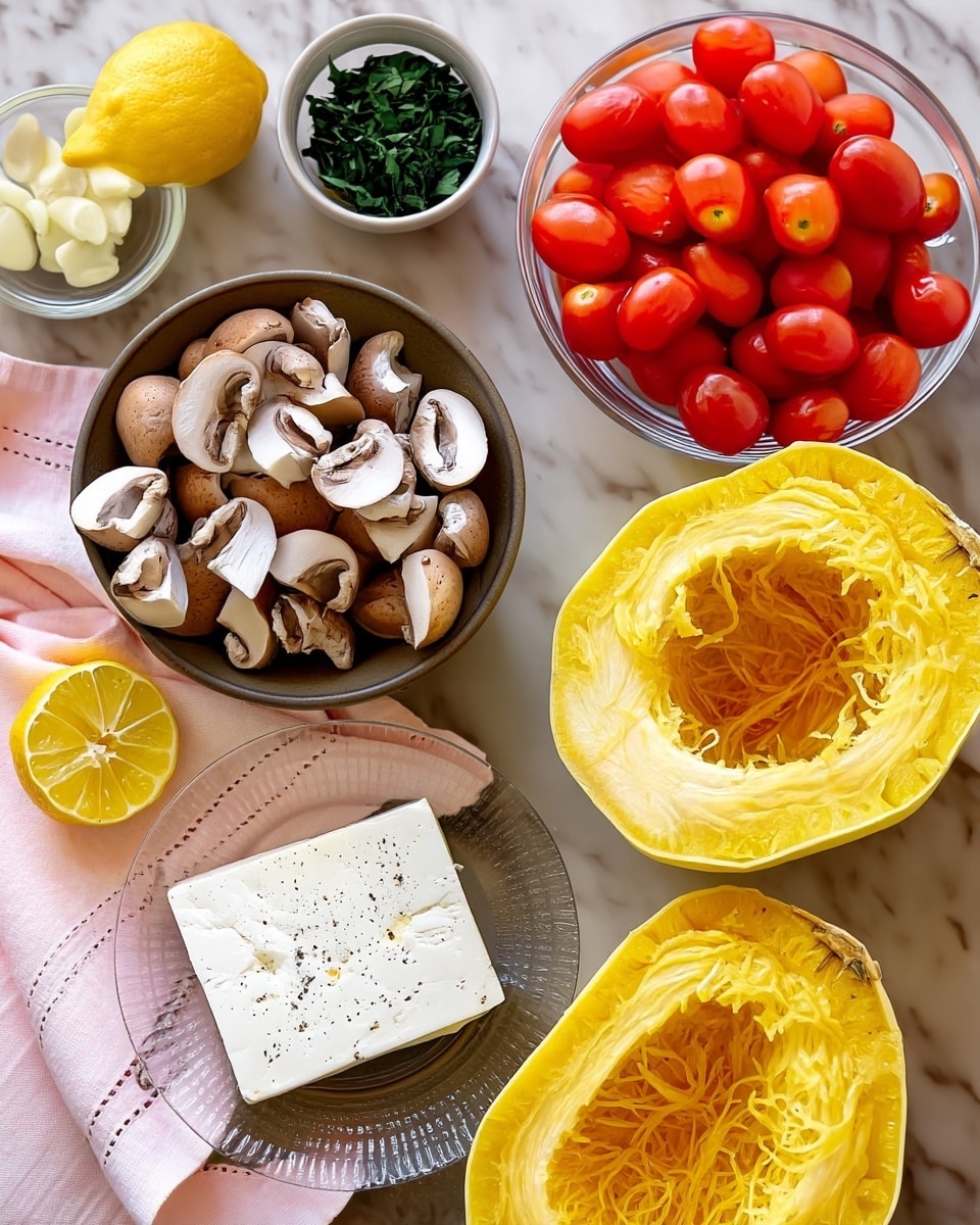 The image shows various ingredients arranged on a dark surface with a white marbled texture beneath. There are two halved yellow spaghetti squash shells with fibrous insides on the top right and top left. Nearby is a clear bowl full of red cherry tomatoes. Below the tomatoes, there is a small clear bowl containing peeled garlic cloves. To the left of that, a white bowl contains chopped green herbs. Below the herbs, a white bowl filled with quartered brown mushrooms is placed on a light pink cloth napkin. At the bottom center, a clear plate holds a rectangular block of white cheese sprinkled with black pepper. Half a lemon, cut side up, rests on the pink cloth near the cheese. The scene is bright and clean, showcasing fresh ingredients. Photo taken with an iphone --ar 4:5 --v 7