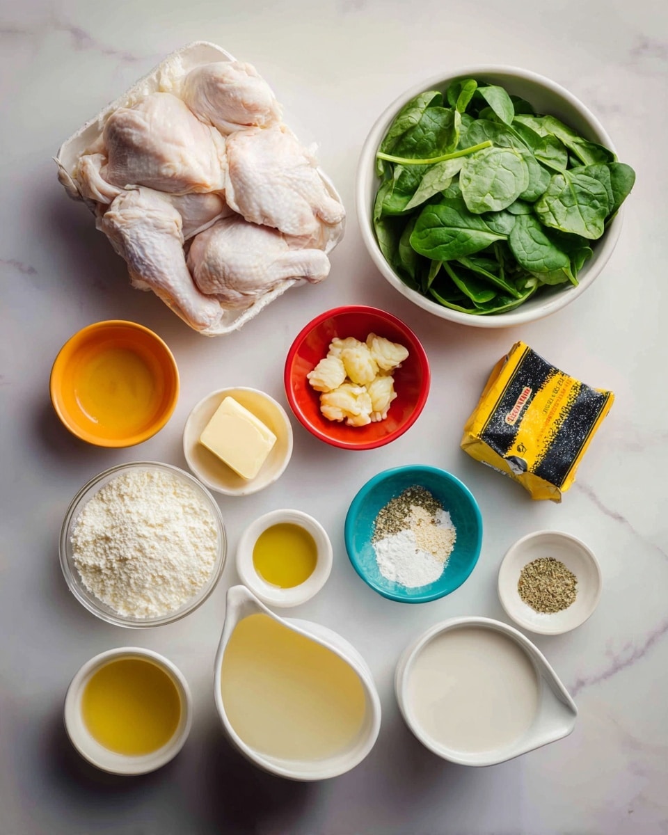 The image shows 12 ingredients arranged on a white marbled surface. At the top left is raw chicken in white packaging. To the top right is a white bowl full of fresh green spinach leaves. Just below the chicken is a small orange bowl with chopped garlic, next to it is a small red bowl holding a piece of butter. To the right is a black and yellow packet of gnocchi. Below the butter is a small dish with yellow lemon pepper, next to it is a white cup with olive oil. Further right is a small blue bowl with garlic powder, and next to that, a small white bowl with lemon juice. At the bottom left is a transparent cup filled with parmesan cheese, next to it is a transparent cup with chicken broth, and at the far right is a white cup with heavy cream. Everything is placed on a white marbled surface with soft natural light. photo taken with an iphone --ar 4:5 --v 7