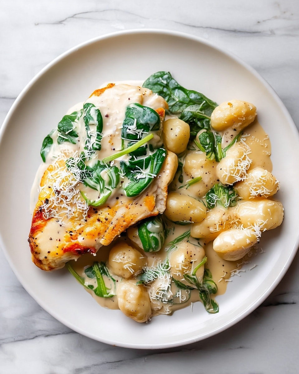 A white plate holds a simple meal with two main parts. On the left, there is a golden-brown cooked piece of chicken topped with fresh green spinach leaves and covered in creamy white sauce with small specks of black pepper. On the right side of the plate, there are small round gnocchi pieces, also covered generously with the same creamy sauce and sprinkled with shredded cheese that adds a light texture. The entire scene sits on a white marbled surface. photo taken with an iphone --ar 4:5 --v 7