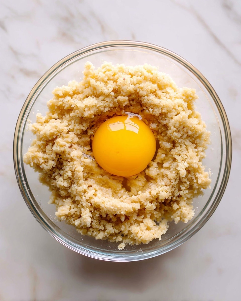 A clear glass bowl sits on a white marbled surface, filled halfway with a crumbly, beige dough mixture that has a rough and slightly grainy texture. In the center of the dough, a bright yellow raw egg yolk rests whole with a small amount of clear egg white visible around it, creating a vibrant contrast. The scene captures a close-up view focused on the mixture inside the bowl. Photo taken with an iphone --ar 4:5 --v 7