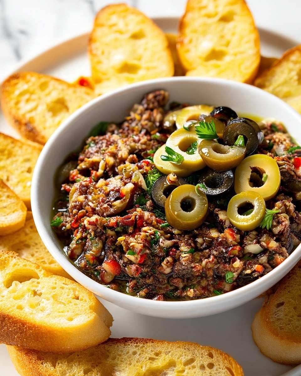A white bowl is filled with a mixed olive tapenade chunky in texture, showing tiny bits of green herbs, red peppers, and olive pieces blending into a dark olive-colored paste. On top of the tapenade, there are whole green and black olive rings scattered around, adding bright green and deep black glossy colors. The bowl sits on a white marbled surface, surrounded by several slices of toasted golden brown baguette slices, providing a light crunchy contrast. The overall look is rich, textured, and inviting. photo taken with an iphone --ar 4:5 --v 7
