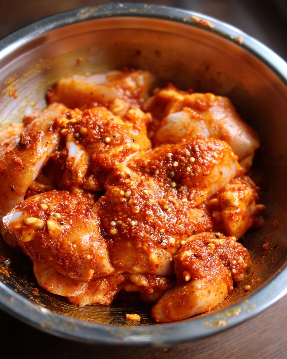The image shows a close-up of a metal bowl filled with raw chicken pieces covered in a reddish-orange spice mix. The chicken pieces are layered unevenly, coated with the thick, oily spice mix that has visible herbs and small bits of seasoning. The metal bowl’s inside surface has some spice residue on the sides, and the lighting highlights the shiny texture of the marinated chicken. photo taken with an iphone --ar 4:5 --v 7