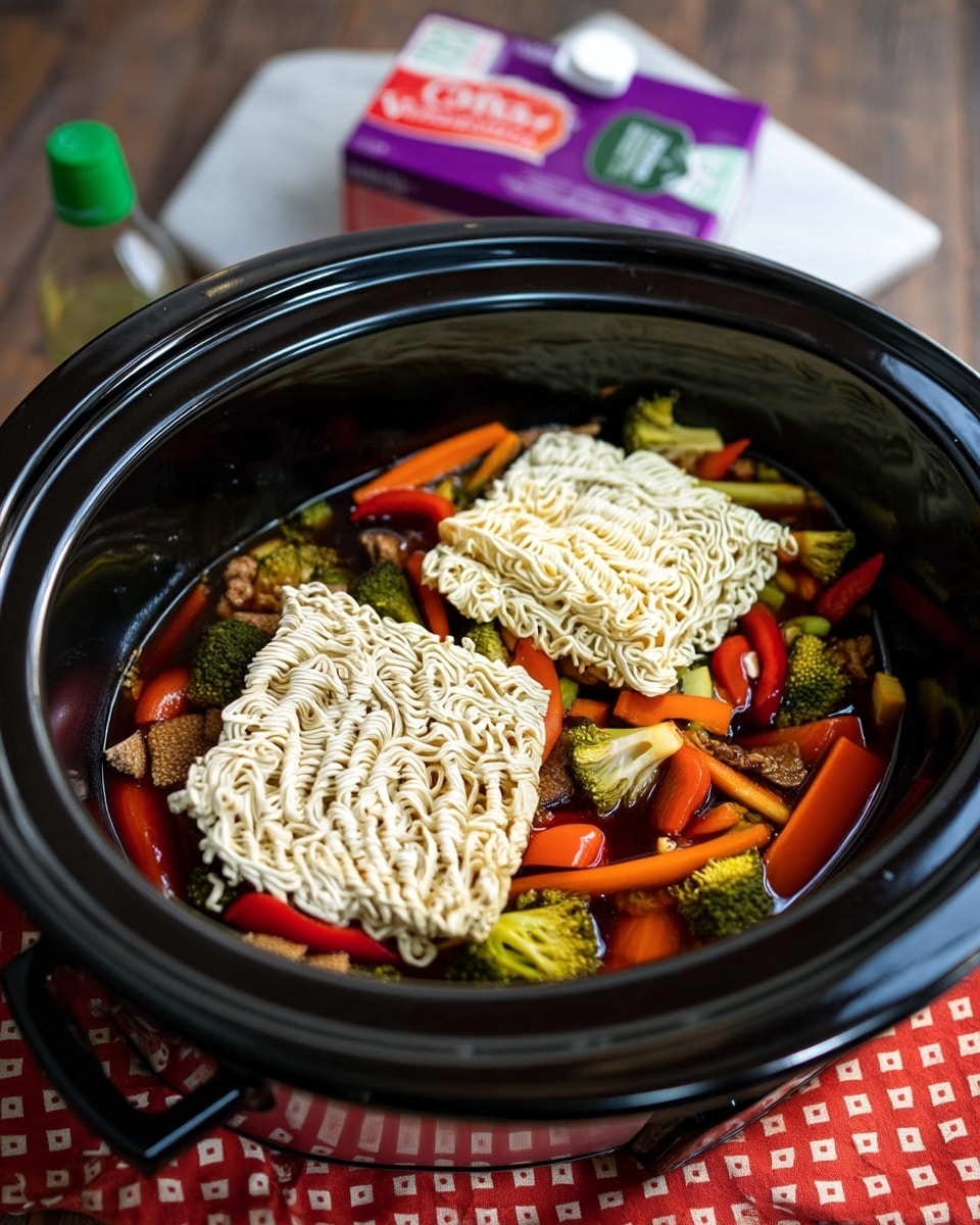 The image shows a black slow cooker filled with several colorful layers of ingredients. At the bottom, there is a dark brown liquid with pieces of bright green broccoli florets and thin slices of orange carrot sticks scattered throughout. Red bell pepper strips add a splash of bright red color among the vegetables. On top of this vegetable mix, there are two square blocks of uncooked instant noodles with a pale beige color and wavy texture. The slow cooker rests on a wooden surface with a white marbled texture and a red cloth with white patterns nearby. In the background, there is a small bottle with a green cap and a carton with purple and white colors. Photo taken with an iphone --ar 4:5 --v 7
