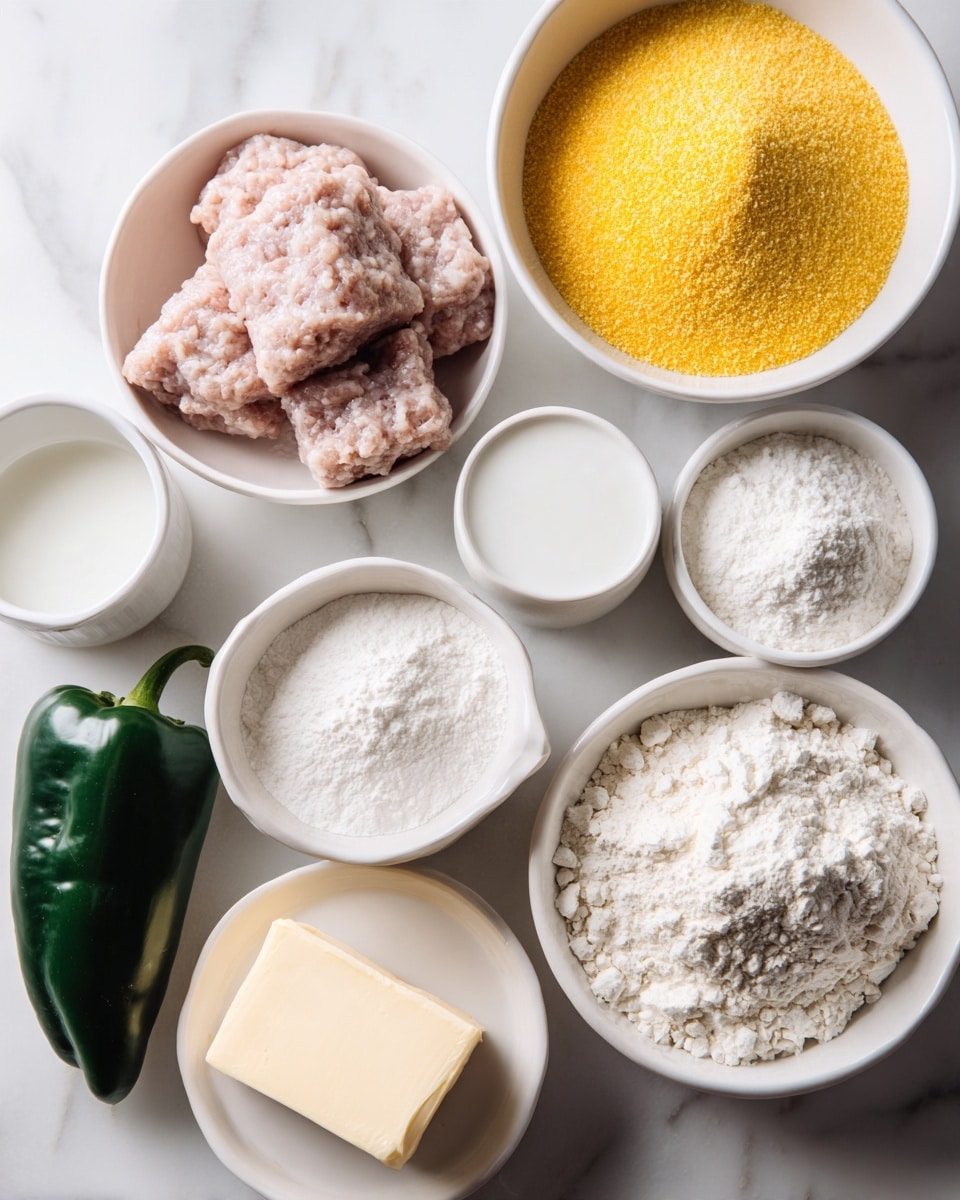 The image shows an overhead view of several white bowls and a whole dark green poblano pepper arranged on a white marbled background. There are two medium-size white bowls filled with a bright yellow cornmeal on the top right and white flour next to it. A smaller white bowl in the middle holds white baking powder, and a small white bowl near it is filled with white sugar. Below these, a medium white bowl contains raw pork sausage meat with a pale pink and light brown texture. Another white bowl on the left holds buttermilk, and below it is another white bowl with milk. A rectangular stick of European style unsalted butter appears in the bottom right corner. The poblano pepper lies on the bottom left, adding a dark green glossy color. Photo taken with an iphone --ar 4:5 --v 7