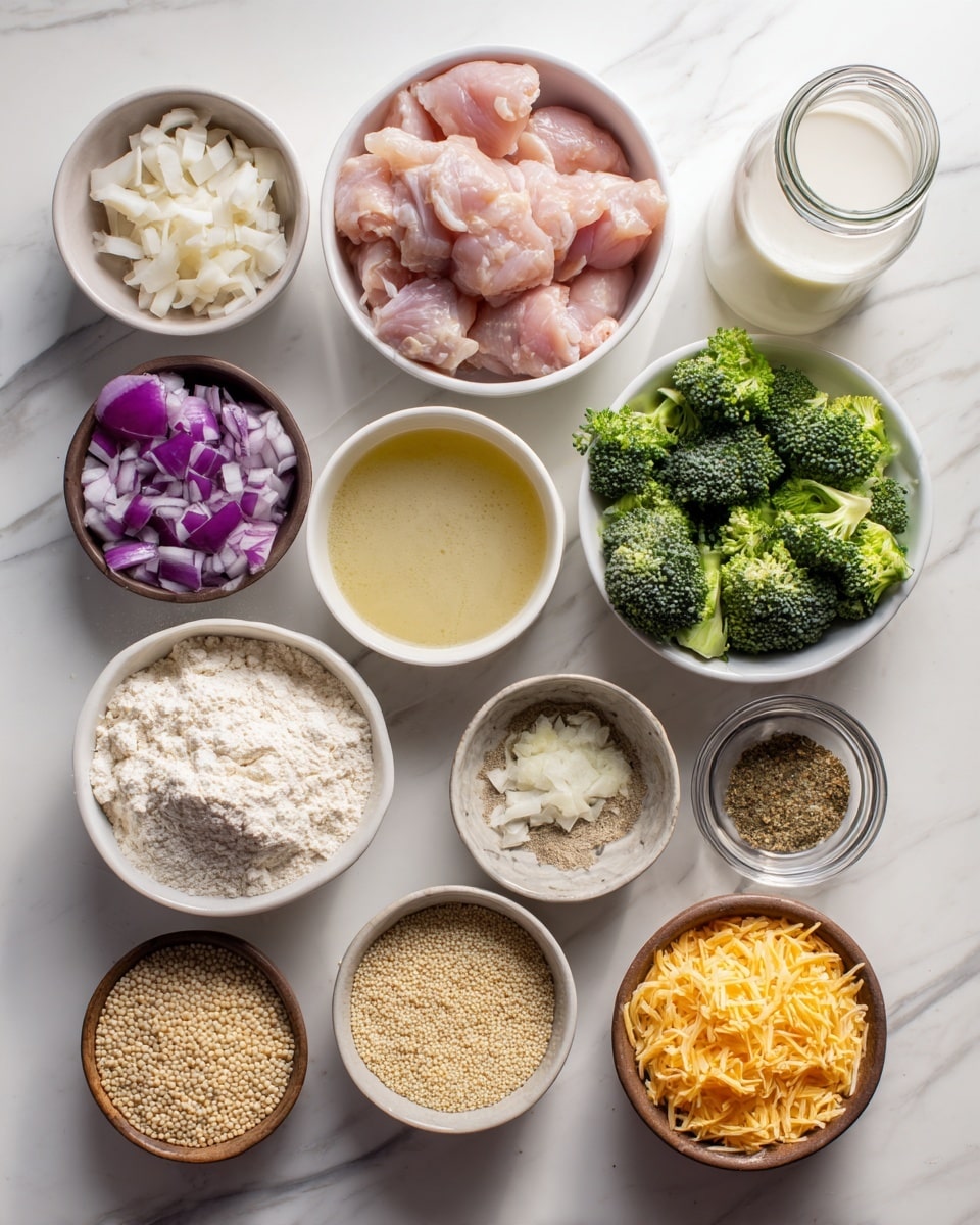 The image shows a clean overhead view of multiple small white bowls and brown bowls arranged on a white marbled surface, each filled with a different cooking ingredient. There is a bowl with raw pink chicken pieces, another bowl full of fresh green broccoli florets, a smaller bowl with chopped purple onions, and another small bowl with minced garlic. There is a bowl with a heap of white flour, one with a mix of ground spices, a bowl filled with grated orange cheddar cheese, and a bowl holding pale beige quinoa. A clear glass jar containing light yellow broth and a glass bottle with white milk are also placed on the surface. The ingredients are carefully arranged in a neat and bright setting. Photo taken with an iphone --ar 4:5 --v 7