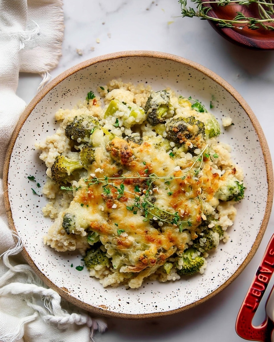 A white speckled round plate holds a dish made of small green broccoli florets covered by a creamy, melted cheese layer that is golden brown and slightly crispy on top. Underneath the broccoli and cheese, there is a pale grain with a soft texture, likely quinoa or rice, mixed evenly throughout the dish. The broccoli pieces are scattered throughout and peek through the cheesy crust, which has some green herbs lightly sprinkled on top. The plate sits on a white marbled surface with a white cloth napkin partially visible on the left side and some small green herb sprigs on the upper right side next to a wooden bowl. The bottom right shows a bit of a white ceramic pot with a red handle. Photo taken with an iphone --ar 4:5 --v 7