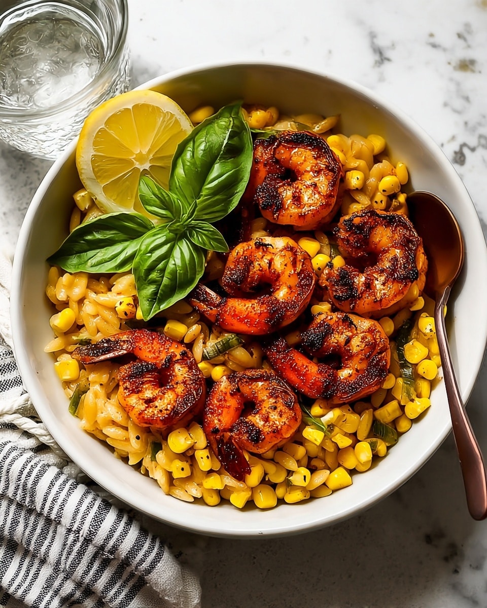 A white bowl filled with a base layer of orzo pasta mixed with bright yellow corn and bits of green herbs, topped with five grilled shrimp that have a dark, spicy char on their surface. The shrimp are arranged on top, and there is a fresh green basil leaf in the center along with a slice of lemon on the left side of the bowl. A bronze spoon rests on the right edge of the bowl. The bowl sits on a white marbled surface with a glass of water nearby and a striped cloth partially visible at the bottom left, photo taken with an iphone --ar 4:5 --v 7