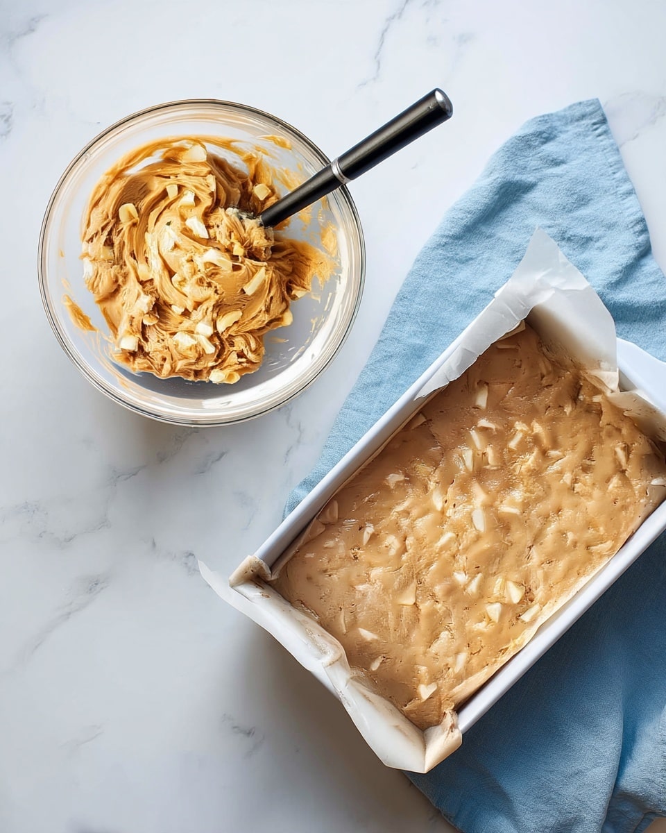 The left side shows a clear glass bowl filled with a thick beige batter mixed with white chunks, with a dark spatula stirring inside it, the bowl placed on a white marbled surface. On the right side, there is a white rectangular baking dish lined with parchment paper, filled with the same beige batter containing white chunks spread evenly, sitting on a folded light blue cloth over a white marbled surface. Photo taken with an iphone --ar 4:5 --v 7