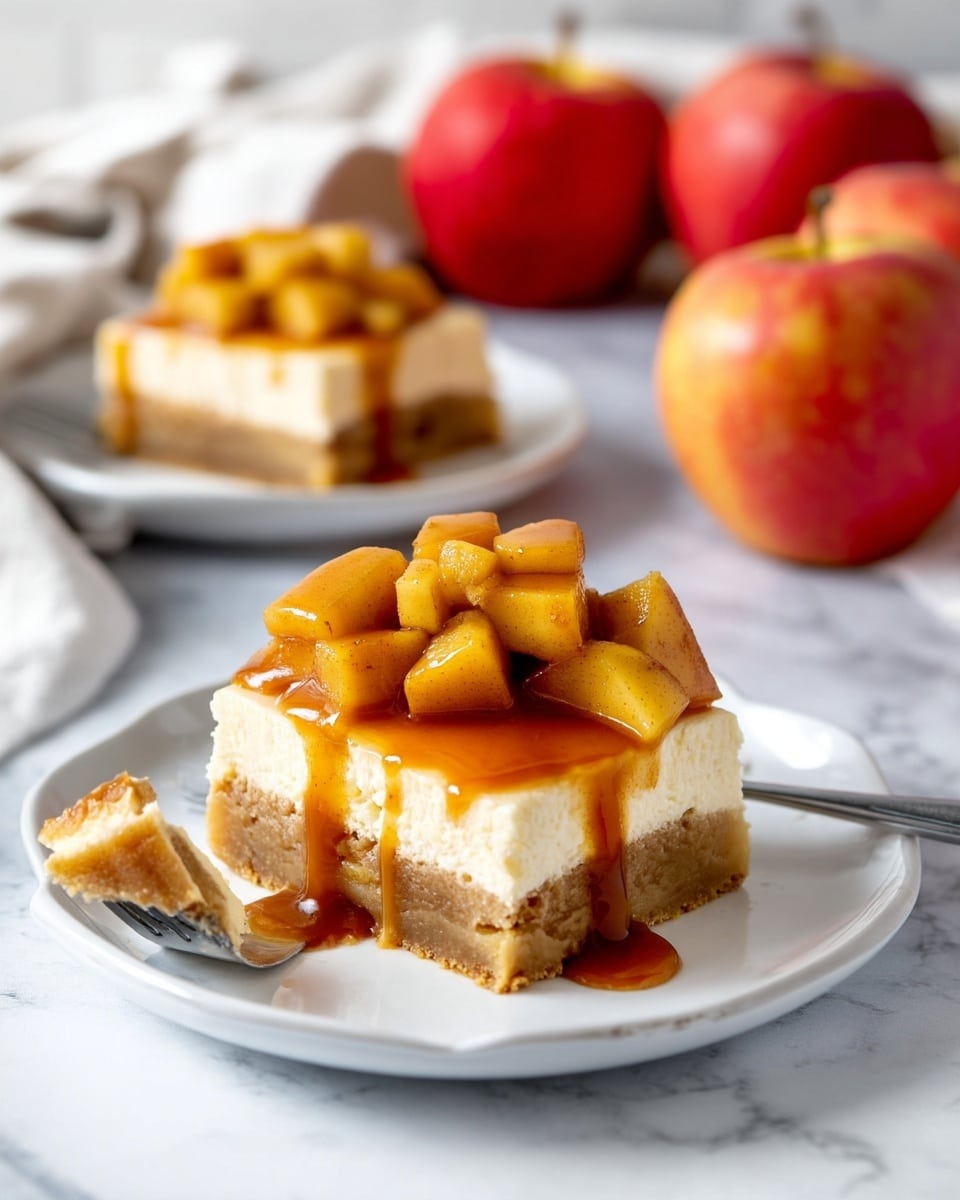 The image shows a square slice of dessert on a white plate with three visible layers: a thick bottom layer of light brown crumbly crust, a middle creamy pale yellow cheesecake layer, and a topping of chopped apple pieces covered in a shiny caramel sauce that drips slightly down the sides. A small piece is cut from the dessert on the plate, with a silver fork holding a bite in the foreground. In the background, two whole red apples and a blurred white cloth rest on a white marbled surface. photo taken with an iphone --ar 4:5 --v 7