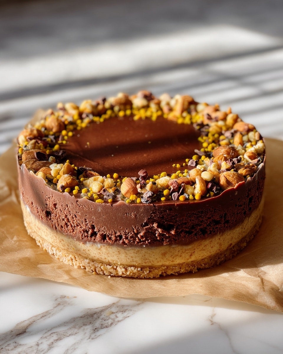The dessert shows two distinct layers, with a light beige nutty base that looks crumbly and dense, topped by a thick, rich chocolate layer that has a smooth yet slightly textured surface. The top chocolate layer is decorated around the edge with a mix of chopped nuts and small yellow pollen grains, adding different colors and textures. The cake sits on brown parchment paper, and the background is a white marbled surface with soft natural light casting shadows. photo taken with an iphone --ar 4:5 --v 7