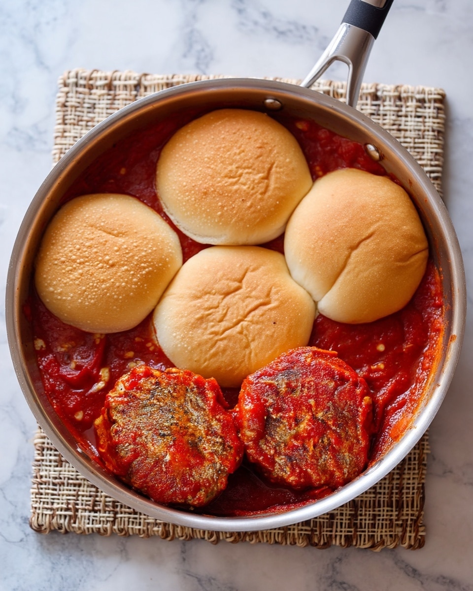 A round silver pan sits on a woven mat over a white marbled surface, filled with a rich red tomato sauce that covers the pan's base. On top, there are four light brown burger buns arranged in a semi-circle, with the top halves showing a soft, smooth texture and slight browning. In front of the buns, two cooked burger patties sit side by side, coated in a darker red sauce with visible seasoning bits. The whole scene is balanced and colorful, showing a warm and hearty dish photo taken with an iphone --ar 4:5 --v 7
