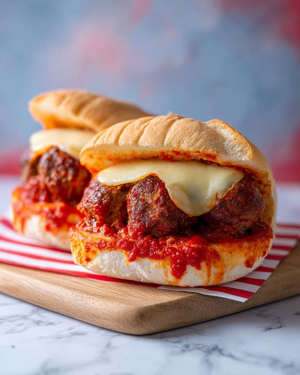 Two meatball sandwiches are shown on a light wooden board over a white marbled surface. Each sandwich consists of a soft, slightly toasted bun sliced horizontally, with a layer of rich red tomato sauce spreading and soaking into the bottom bun. Inside, there are several round, brown meatballs closely packed, covered by a thick layer of melted light yellow cheese that stretches slightly over the sides. One sandwich is wrapped with a red and white striped paper partially covering the bottom, while the other sandwich is set next to it, slightly leaning on the wrapped one. The background is blurred with cool blue and red tones, giving focus to the sandwiches. Photo taken with an iphone --ar 4:5 --v 7