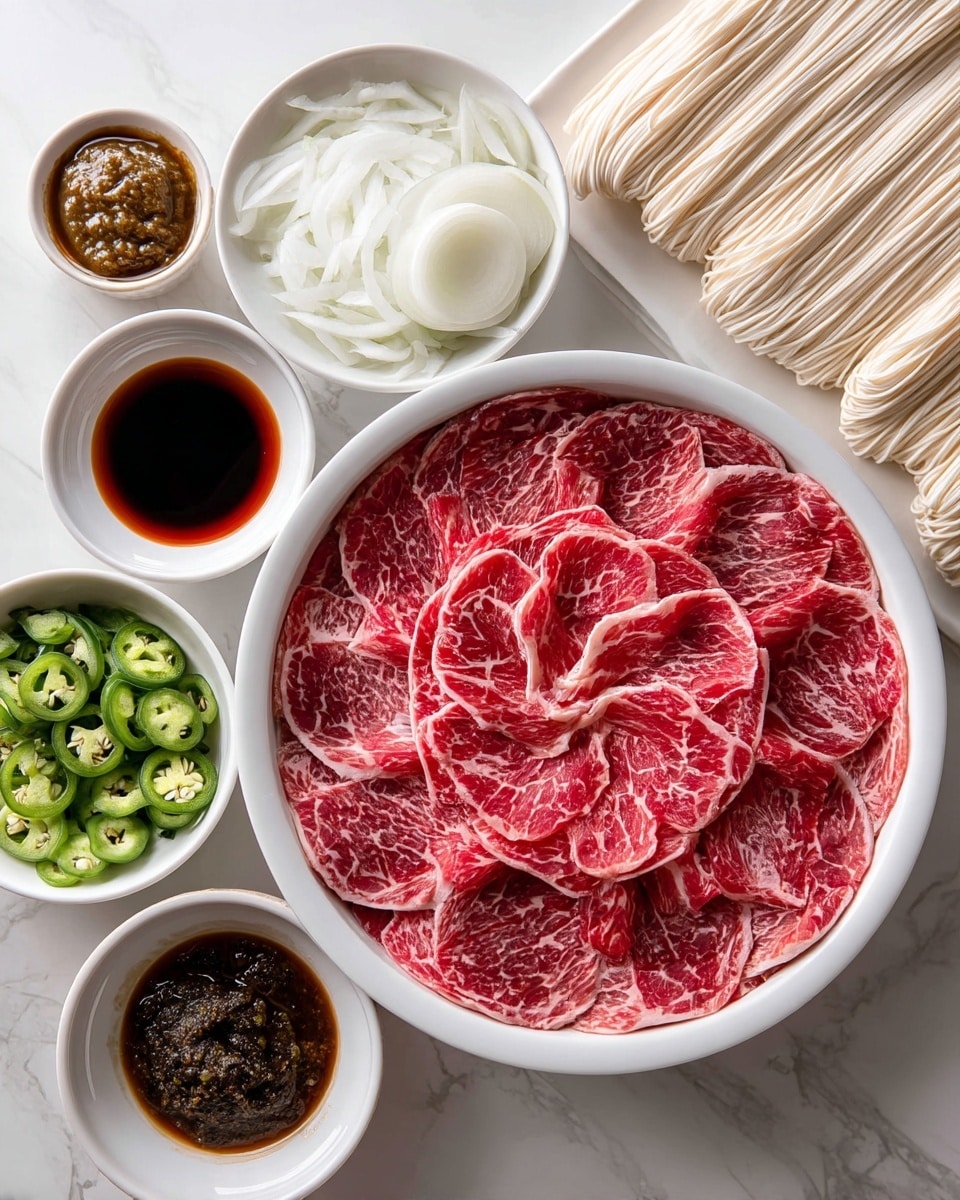 The image shows a white bowl filled with raw thinly sliced red meat with white marbling in the center. Around the bowl are several small white dishes and piles arranged neatly on a white marbled surface. To the top left is a small white bowl with a dark brown sauce. Next to it is a small white bowl filled with white sliced onions. Below the onions is a small white dish with sliced green chilies. On the lower right side of the meat bowl is a small white bowl filled with a dark spicy paste or sauce. Next to it is a bunch of fresh green leafy herbs. To the right of the bowls is a pile of uncooked pale beige noodles laid flat. The whole setup is bright and clean, making each ingredient visible and colorful. Photo taken with an iphone --ar 4:5 --v 7