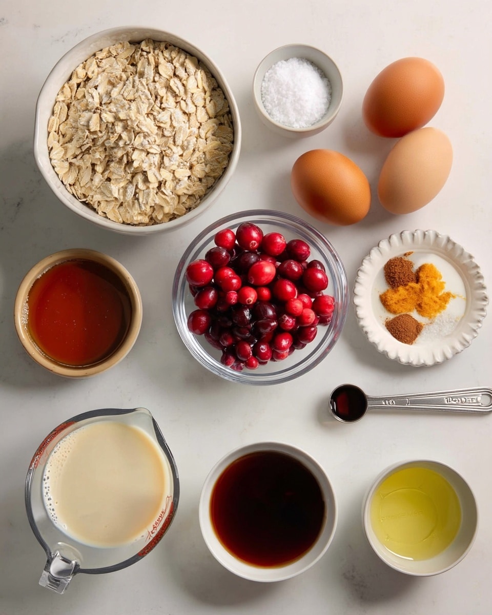 The image shows various ingredients arranged neatly on a white marbled surface. At the top left, there is a white bowl filled with light beige rolled oats with a rough, flaky texture. Below it are a small silver measuring spoon with white sea salt and a small white bowl of amber maple syrup with a smooth surface. At the center, a clear glass bowl holds bright red cranberries with a shiny, round texture. To the right, a small white dish contains a small mound of fine orange zest and reddish-brown cinnamon powder side by side. Next to it, two light brown eggs with smooth shells rest side by side. Below, a small silver measuring spoon holds dark brown vanilla extract. In the bottom left, a clear measuring cup is filled with light beige milk showing a smooth liquid surface. Finally, a small white bowl on the bottom right contains pale yellow oil with a clear, liquid look. Photo taken with an iphone --ar 4:5 --v 7