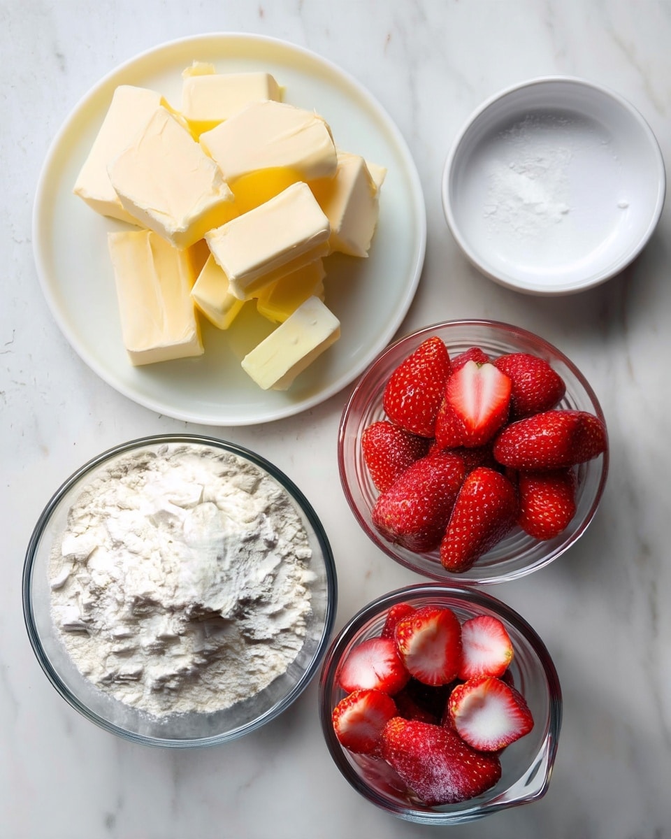 The image shows five containers with baking ingredients on a white marbled surface. In the center, a white plate has several chunks of pale yellow butter stacked loosely. Above it to the right is a small white bowl filled with white granulated salt. To the left of the salt is a larger white bowl filled with white sugar. Below the butter, a clear glass bowl holds white flour, showing a soft powdery texture. To the right of the flour is another clear glass bowl filled with whole strawberries and some sliced strawberries, deep red in color with a shiny texture. The arrangement is neat and evenly spaced, the light soft and natural. Photo taken with an iphone --ar 4:5 --v 7