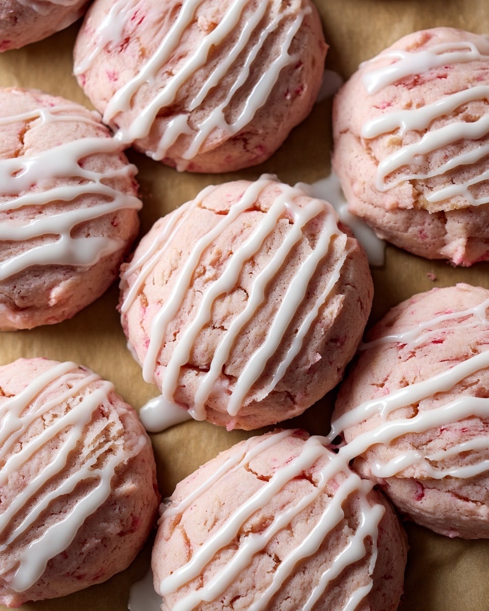 The image shows several round, soft-looking cookies with a pale pink color and a slightly rough texture, arranged closely together. Each cookie is drizzled with thin white icing lines across the top, adding contrast and a glossy look. The cookies rest on a surface that looks like light brown parchment paper. The edges of the cookies reveal a slightly crumbly texture, and their size varies slightly, making them look homemade. photo taken with an iphone --ar 4:5 --v 7