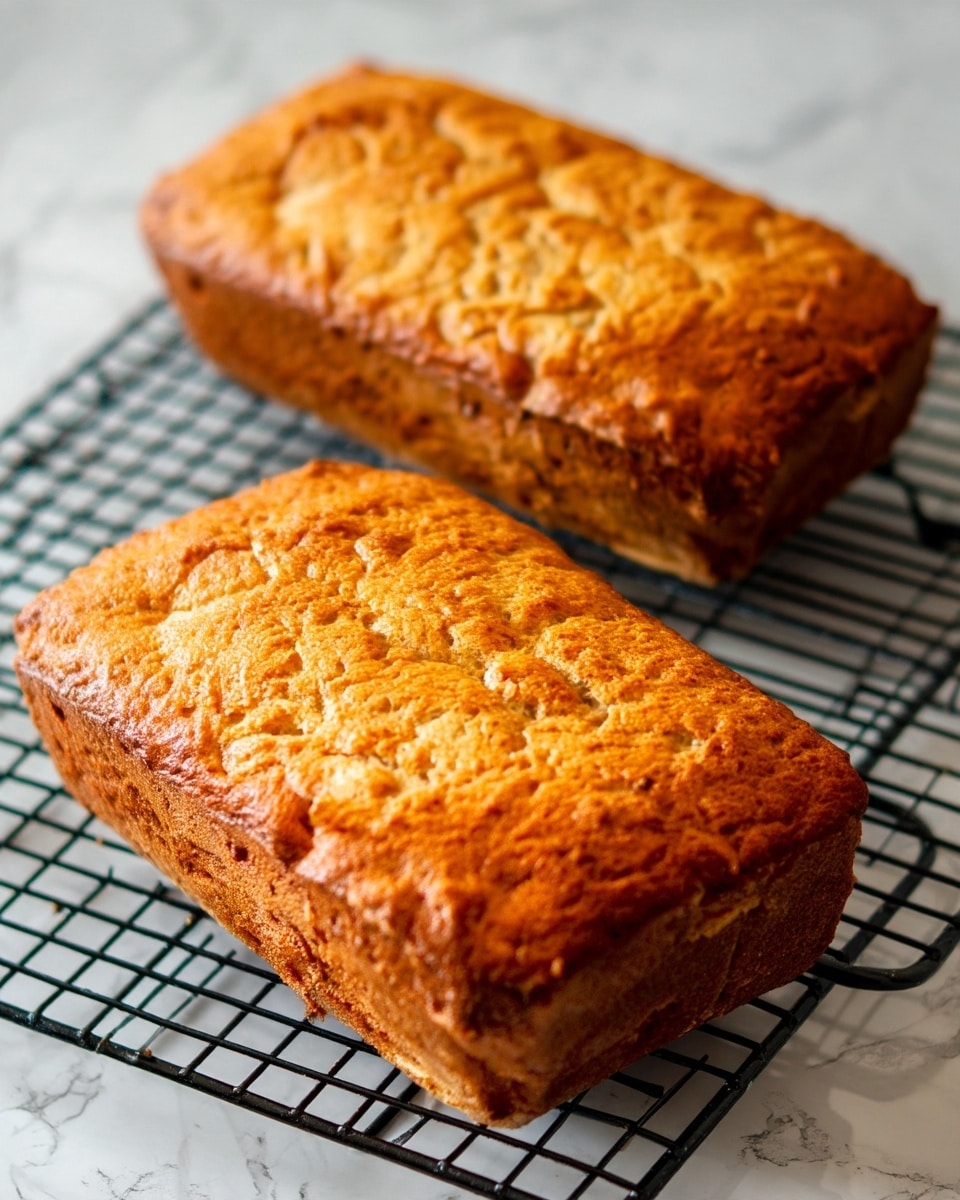 Two golden-brown rectangular loaves of bread with a slightly rough and textured crust sit on a black wire cooling rack. The loaves have a soft, moist look with tiny air bubbles visible on the surface. The background shows a white marbled texture softly blurred behind the bread. Photo taken with an iphone --ar 4:5 --v 7