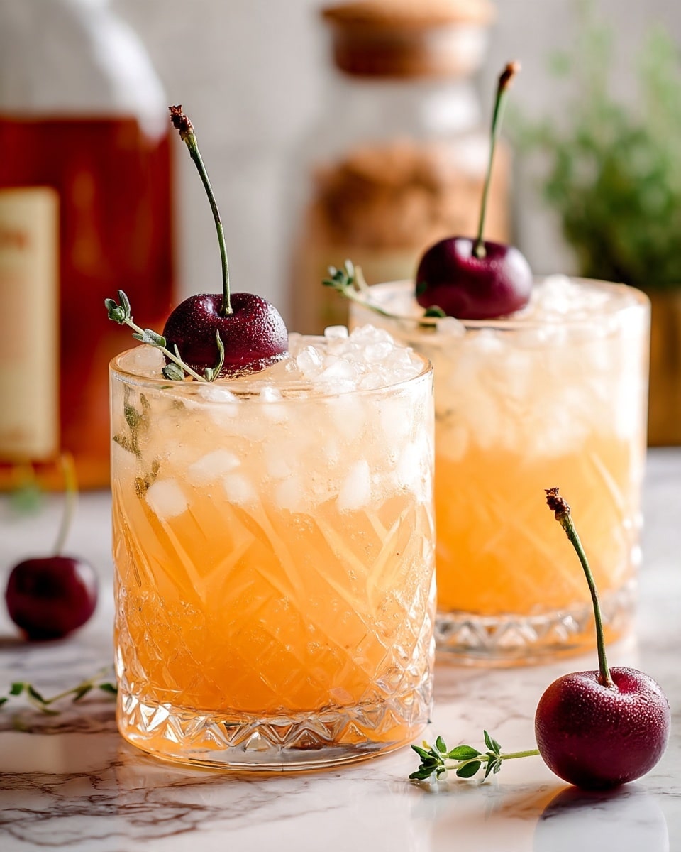 Two short round glasses filled with light orange drink and crushed ice. Each glass is topped with a dark red cherry with a long stem and a small sprig of green herb. The glasses have a textured pattern. The background is a white marbled surface with a cork stopper and blurred bottles in the back. Photo taken with an iphone --ar 4:5 --v 7