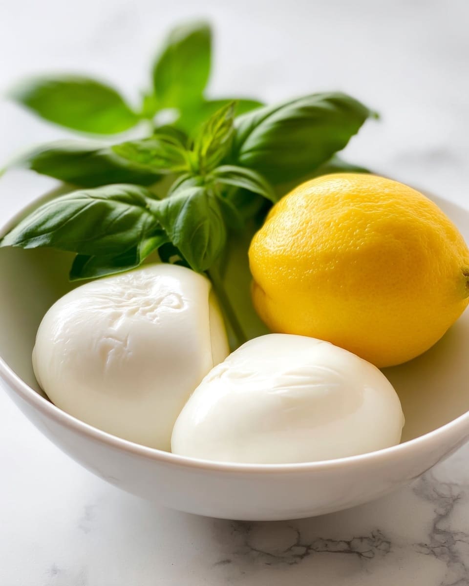 In a white bowl on a white marbled surface, there are two smooth, white balls of fresh mozzarella cheese placed side by side near the front. Behind them, a bright yellow lemon with a textured skin sits toward the right side. On the left side of the lemon and mozzarella, several fresh green basil leaves with smooth, shiny surfaces extend outwards, creating a contrast of green against the white and yellow. The clean, simple arrangement highlights the fresh ingredients. photo taken with an iphone --ar 4:5 --v 7