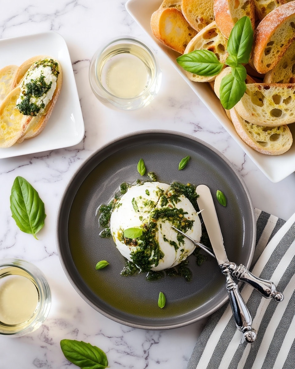 A close top view of a dark gray plate on a white marbled surface, holding a ball of soft white cheese with a topping of green herb mixture, small green leaves scattered around, and a silver knife resting on the plate with its tip in the cheese. Surrounding the plate are three small white square plates: one with two slices of toasted bread, another with a slice topped with the cheese and garnish, and one with two silver butter knives resting on a gray and white striped cloth. There are also three clear glasses filled with a pale yellow drink, and a larger white square bowl filled with more toasted bread slices garnished with fresh green basil leaves. Photo taken with an iphone --ar 4:5 --v 7