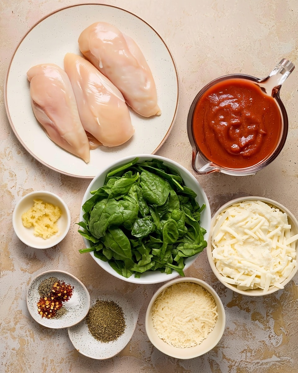 The image shows ingredients for cooking with three pieces of raw pale pink chicken placed on a white speckled plate at the top left. To the right, there is a clear glass measuring cup filled with thick red tomato sauce. Below the chicken, a white bowl holds bright green leafy spinach that looks fresh and chopped. To the left of the spinach, there is a small white bowl with creamy minced garlic. Below and to the left, a white plate contains mixed spices including crushed red flakes, black pepper, dried oregano, and salt. On the bottom right are two white bowls, one filled with shredded pale yellow cheese and the other with soft white ricotta cheese. All items are set on a beige surface, changed to a white marbled texture. photo taken with an iphone --ar 4:5 --v 7
