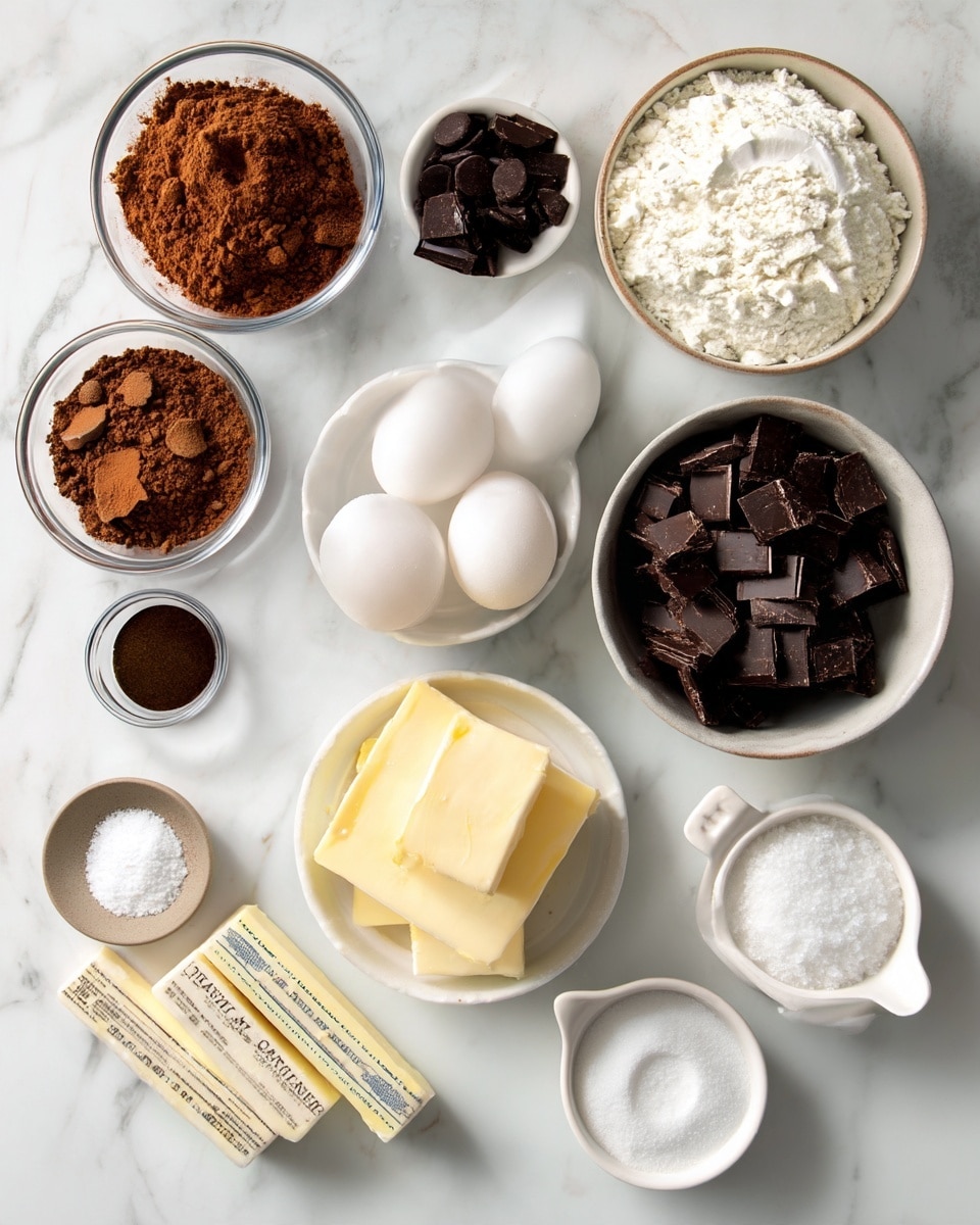 The image shows several small white bowls and glass containers arranged on a white marbled surface. On the left are three small glass bowls containing brown cocoa powder, a dark brown powder, and a small amount of vanilla extract in a clear liquid. Above them is a small white bowl with dark chopped chocolate cubes and two white eggs placed side by side. To the right is a white bowl filled with white flour, and near it is a white measuring cup holding dark chocolate chips. In the center are two sticks of butter with paper wrappers and a white bowl filled with light brown sugar. Two small dishes contain white salt and baking soda powders. All the items are neatly spaced and organized. Photo taken with an iphone --ar 4:5 --v 7