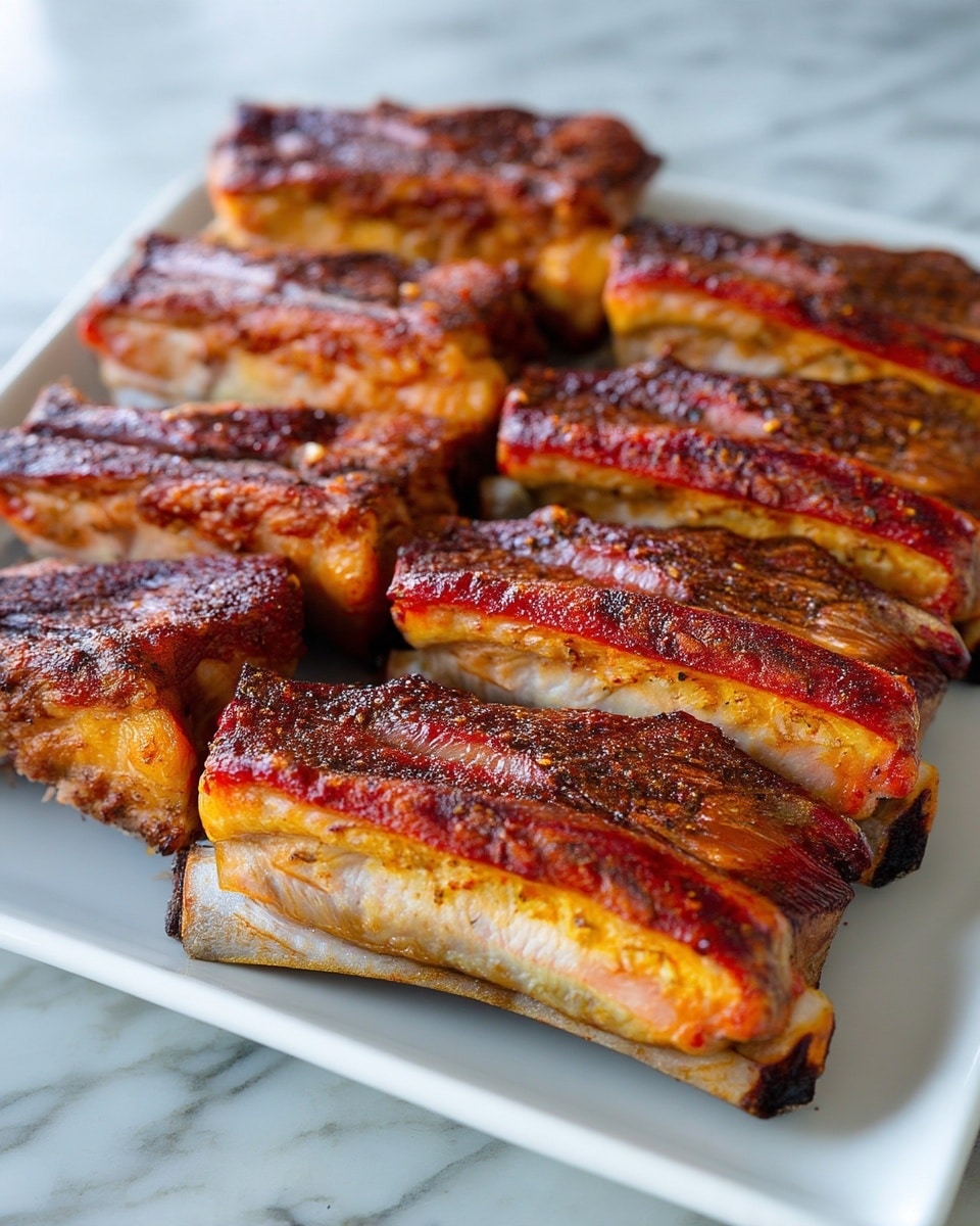 A white tray filled with several pieces of cooked ribs arranged close together. Each rib has a deep brown and reddish color with a slightly crispy textured surface, and visible bones inside. The ribs show a mix of tender meat and some fat that is golden, with a bit of charred edges. The tray is placed on a white marbled surface. photo taken with an iphone --ar 4:5 --v 7