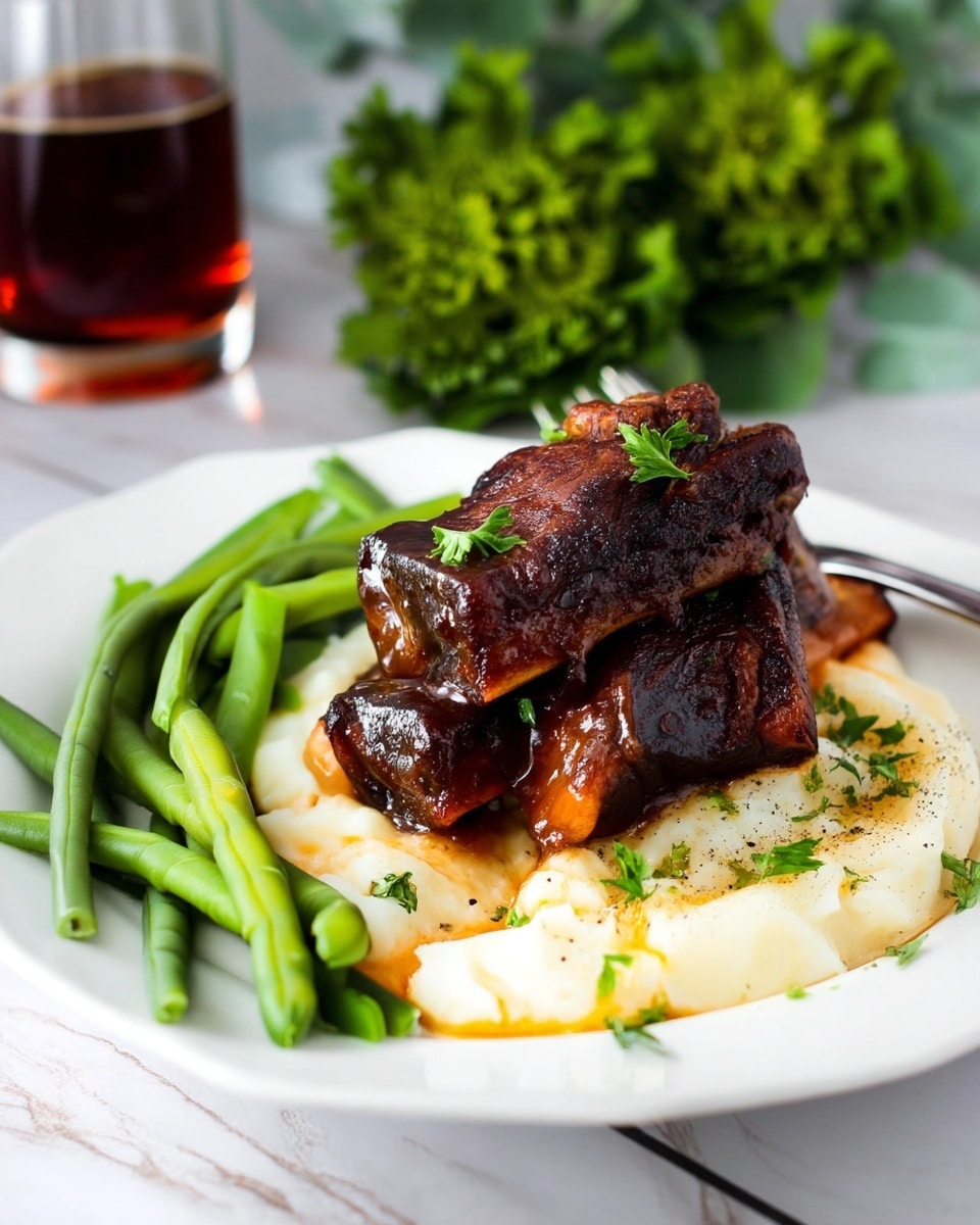 A white plate holds a meal with three dark brown grilled ribs stacked in the center, showing some caramelized edges and small green parsley pieces sprinkled on top. Below the ribs is a layer of smooth, creamy mashed potatoes with a light golden oily drizzle and some black pepper dots scattered on it. To the left side of the plate, there are several bright green steamed green beans, adding a fresh color contrast. The plate rests on a white marbled surface, and behind it, there is a glass with a dark drink and a blurred green leafy background. Photo taken with an iphone --ar 4:5 --v 7