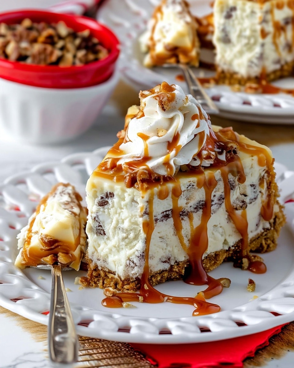 A round cheesecake sits on a white scalloped edge plate on a white marbled surface, with a golden crumb crust covering the sides. The top layer is smooth, creamy, and pale yellow, sprinkled evenly with chopped nuts. Eight swirls of white whipped cream are placed around the edge of the cheesecake, each topped with more chopped nuts. In the background, a white bowl with a red rim holds additional nuts next to a red and white striped cloth. Photo taken with an iphone --ar 4:5 --v 7