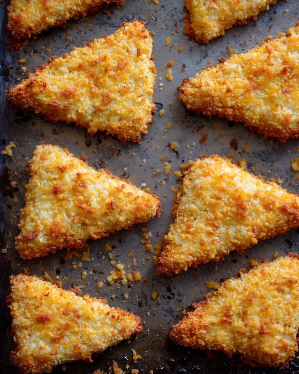 The image shows a close-up of several golden brown triangle-shaped pieces of food arranged on a dark textured baking tray. Each piece is coated with a crispy, toasted crumb layer that is light beige with slightly darker toasted spots, giving a crunchy look. The triangles are spaced out evenly on the tray, with some crumbs scattered around them. The background has a rustic, slightly worn look with a few shiny spots on the tray's surface. photo taken with an iphone --ar 4:5 --v 7