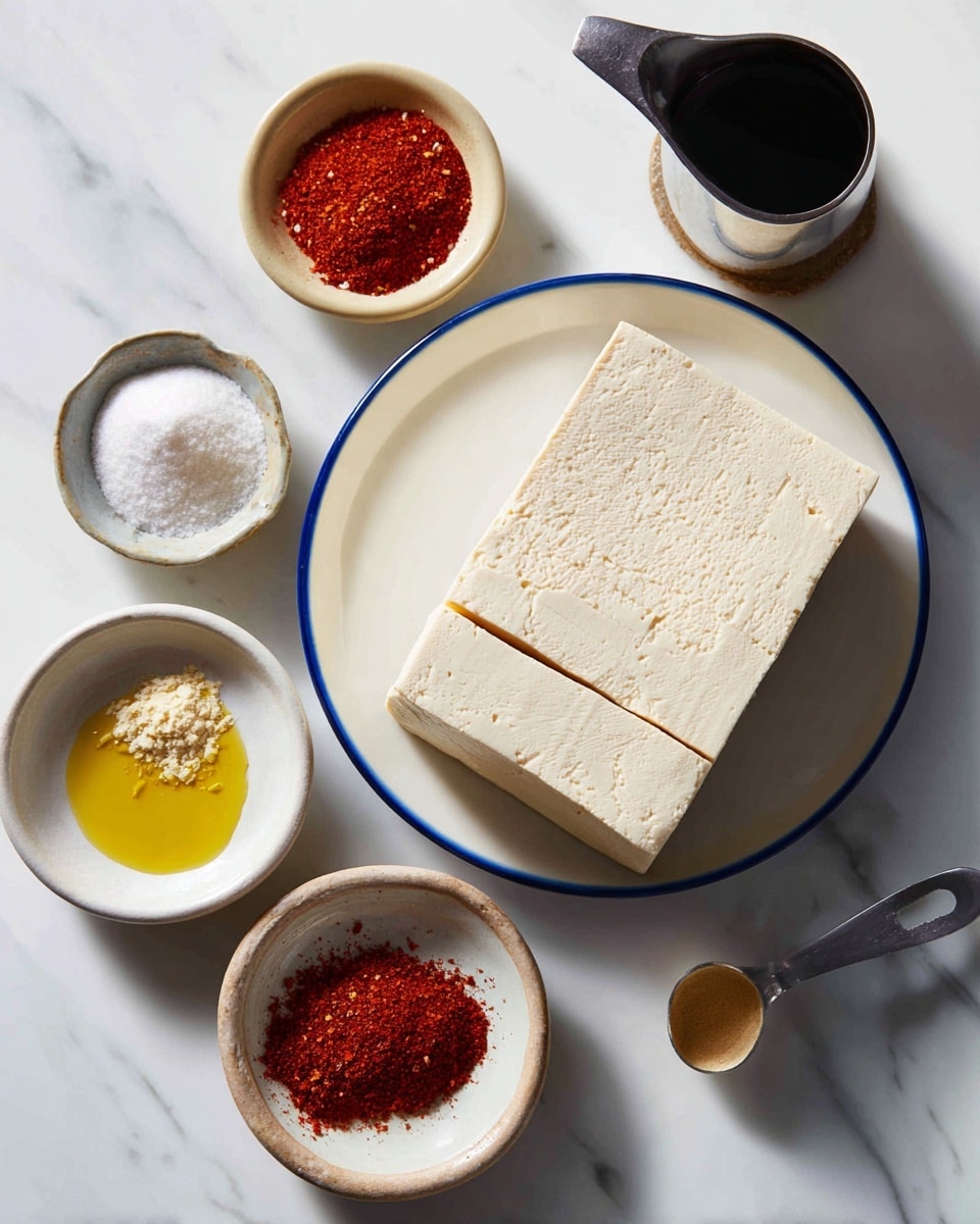 A white round plate with a blue rim sits on a white marbled surface, holding a large rectangular block of super firm tofu, pale beige in color with a smooth, firm texture. Around the plate, there are small ceramic bowls: one holds white salt, another contains reddish chili powder, one has light yellow canola oil, and a metal measuring cup filled with dark brown sweet BBQ sauce. Another small white ceramic bowl also holds more chili powder, creating a simple and clean arrangement of ingredients. Photo taken with an iphone --ar 4:5 --v 7
