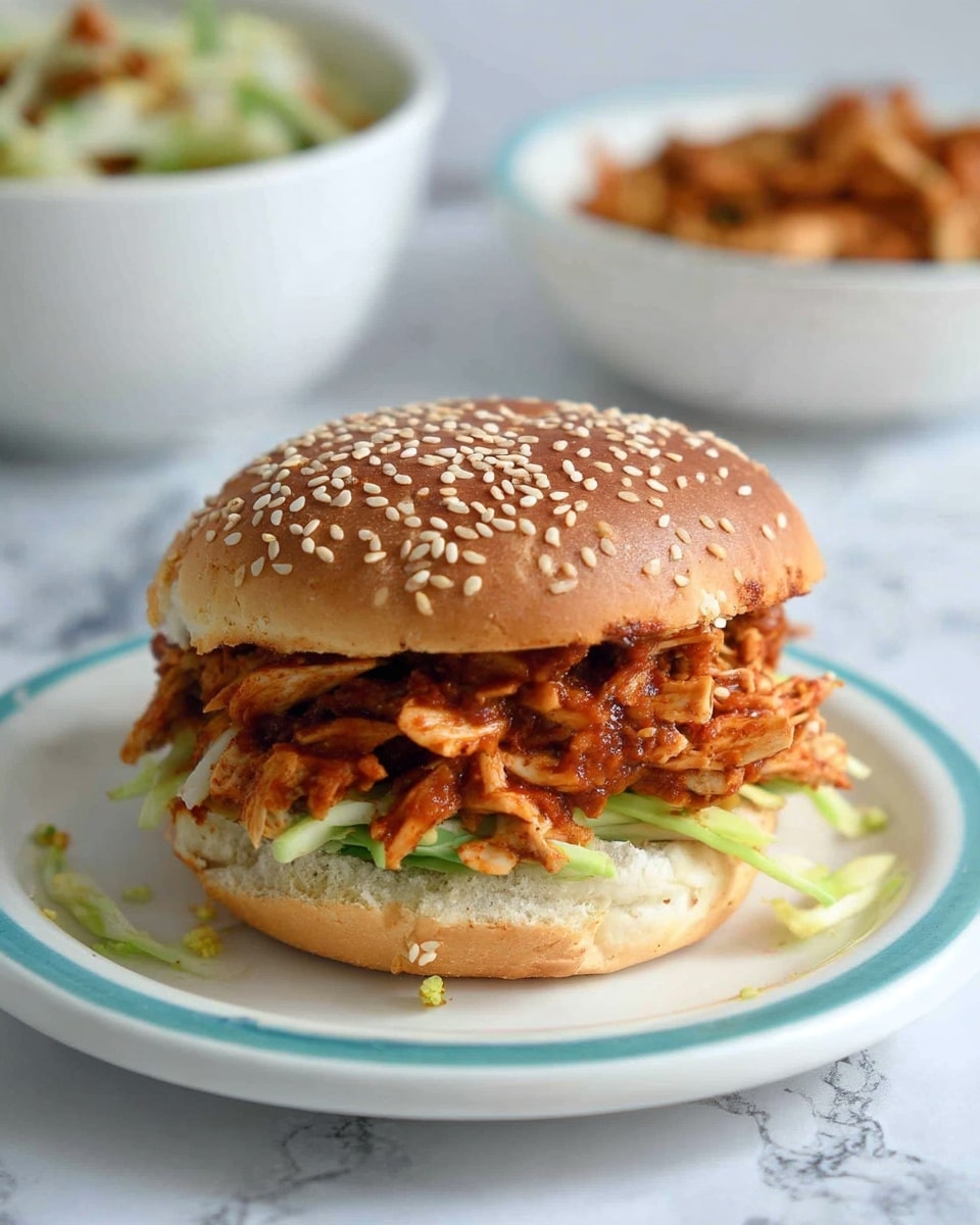 A sandwich with a sesame seed bun on a white plate with a light blue rim, resting on a white marbled surface. The sandwich has two main layers: the bottom layer has thin slices of fresh green cabbage or slaw, and the top layer is filled with shredded cooked chicken pieces that have a reddish-brown color, showing spices or sauce. The top bun is slightly lifted and has a bite taken out from the right side. In the background, there is a blurred white bowl with more food that looks similar to the sandwich filling. Photo taken with an iphone --ar 4:5 --v 7