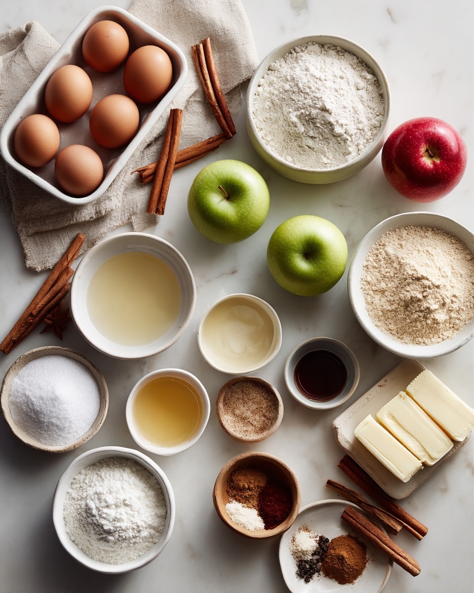 A white marbled surface holds an array of baking ingredients arranged neatly, starting with four brown eggs resting on a white tray with a light brown cloth underneath on the left side. Nearby, a small stack of cinnamon sticks lies beside the eggs. White bowls with white sugar, white flour, and powdered sugar are scattered throughout the scene, each bowl showing the fine texture of their contents. Two red apples and two green apples with firm skins sit in the middle, flanked by a small white bowl of clear golden liquid and another bowl of creamy light brown sauce. Several sticks of butter wrapped in paper are stacked on the right side near a tiny bowl of dark liquid and a small wooden plate holding various ground spices like cinnamon, nutmeg, ginger, and cloves. Finally, another small bowl of white powder, possibly baking powder, completes the spread. The composition is clean, bright, and organized with soft natural light coming from above, photo taken with an iphone --ar 4:5 --v 7