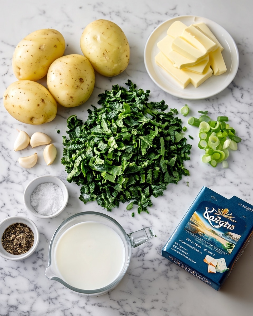 The image shows ingredients placed on a white marbled surface: four whole light yellow potatoes arranged in a loose cluster, a mound of finely chopped dark green leafy kale in the center, a small white plate stacked with several rectangular pale yellow butter slices on the upper right, and a small pile of chopped light green spring onions nearby. On the lower left, there are four peeled garlic cloves, a small white bowl of white coarse salt, and another small white bowl containing black pepper. A clear glass measuring cup holds some white milk, and a box of Boursin garlic and herbs cheese is placed near the bottom right. photo taken with an iphone --ar 4:5 --v 7