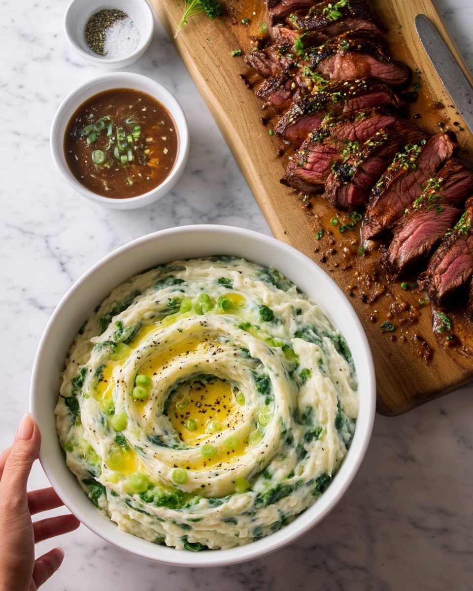 The image shows a white bowl filled with creamy mashed potatoes that have green spinach mixed in, creating a swirl pattern with a yellow butter pool in the middle, sprinkled with black pepper and chopped green onions on top. Next to the bowl, there is a wooden board with sliced medium-rare steak arranged in a row, garnished with chopped herbs. Above the steak, a small white cup holds thick brown sauce with green herbs sprinkled on top. On the white marbled surface, two small white bowls contain salt and pepper. A woman's hand holds the knife resting on the wooden board. Photo taken with an iphone --ar 4:5 --v 7