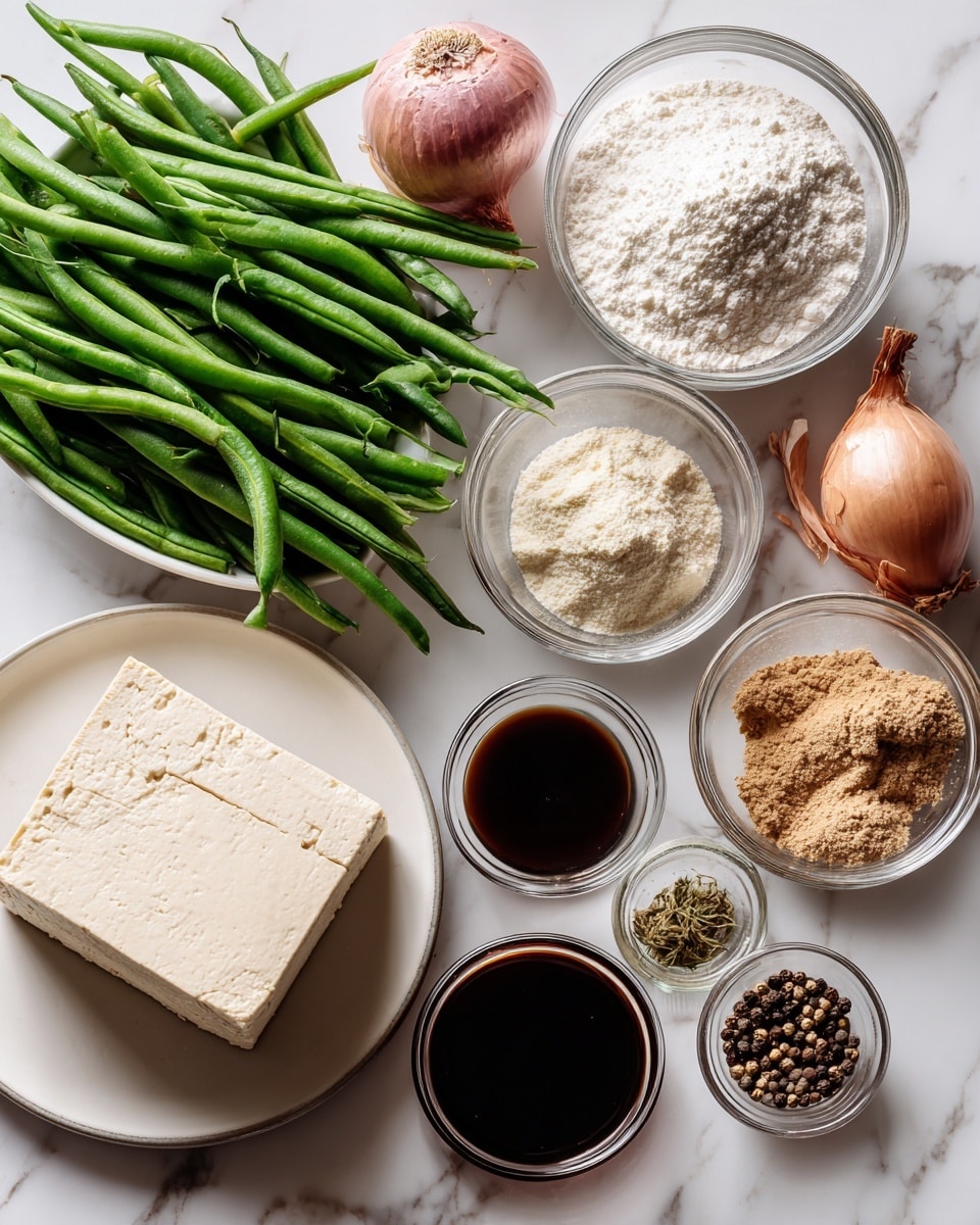 The image shows several clear glass bowls and a white plate arranged on a white marbled surface, each filled with different ingredients. On the white plate, there is a thick square block of extra firm tofu, pale beige with a smooth texture. A large clear bowl contains long, fresh green beans, bright and vibrant in color. Another clear bowl holds a white powdery cornstarch. A smaller clear bowl has light brown ground ginger with a fine texture. A larger clear bowl is filled with dark brown tamari or soy sauce, shiny and smooth. A small white cup contains dark sesame oil. There is a medium-sized brown shallot and another pinkish shallot placed to the side. Another small white dish holds mixed whole peppercorns in black, white, and green. Finally, a clear bowl at the front is filled with brown sugar, coarse and clumpy in texture. Everything is shown from above, clearly labeled with text in white boxes above each item. Photo taken with an iphone --ar 4:5 --v 7