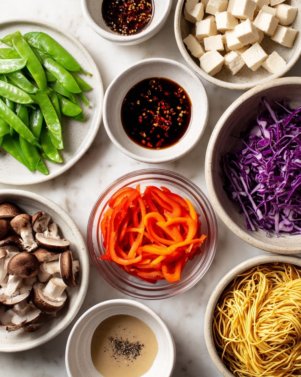 A top view of several small white bowls and plates arranged neatly on a white marbled surface, each containing different fresh ingredients: a plate of bright green snow peas on the top left, a bowl with a dark soy sauce mixed with red chili flakes at the top right, a bowl filled with small pale yellow tofu cubes to the right center, a bowl of finely shredded purple cabbage at the center left, a small glass bowl of thinly sliced red bell pepper below it, a white bowl with sliced brown mushrooms in the center, a plate of shredded bright orange carrots on the bottom left, a small bowl of light brown sauce with black pepper at the right bottom, and a bowl of yellowish noodles at the bottom center. The bowls and plates are arranged in a clean, organized way with vibrant colors standing out against the white background. photo taken with an iphone --ar 4:5 --v 7