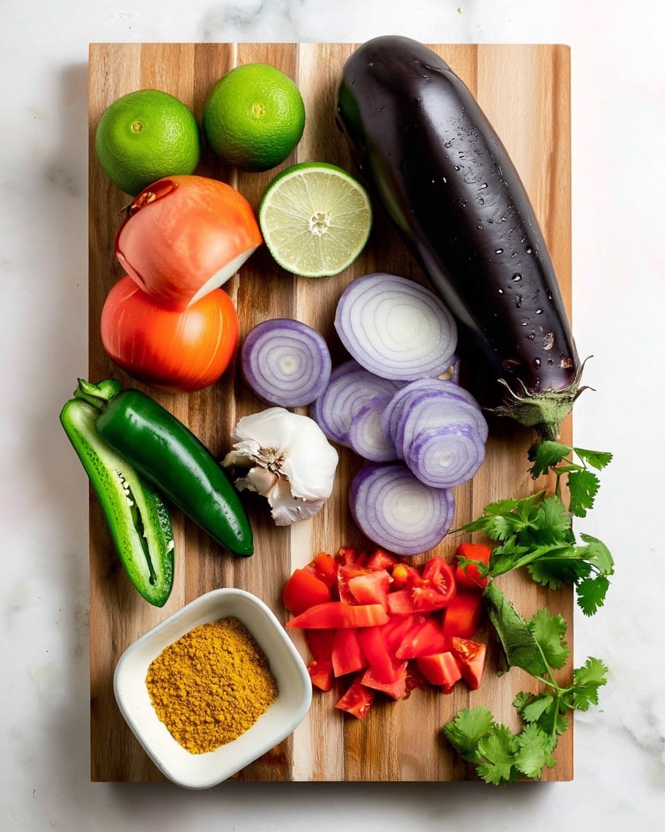 A wooden board sits on a white marbled surface, filled with fresh vegetables and spices. On the upper left are two limes, one whole and one cut in half showing a light green inside. Next to them is a long eggplant with dark purple skin, and below it are small white eggplant pieces with purple skin strips. To the left, there are two whole tomatoes with orange skin. Near the bottom left is a green chili with one half cut to show the inside seeds, and beside it is a white garlic bulb with one peeled clove placed nearby. On the bottom left corner of the board is a small white square dish filled with yellow powder spice. To the right side of the board, there are some chopped red tomatoes and green cilantro leaves. A white bowl with small brown lentils is at the bottom corner of the image. Photo taken with an iphone --ar 4:5 --v 7