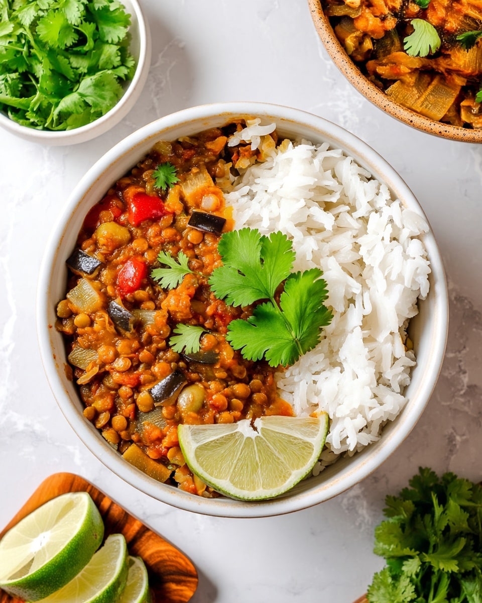 The image shows a white bowl filled with two main layers: on the right side, there is a layer of plain white rice with a fluffy texture, and on the left side, a thick layer of lentil stew mixed with diced vegetables including eggplant, tomato, and onion in a rich orange-brown sauce with some visible red and purple pieces. On top of the lentil stew, there are small green cilantro leaves scattered, and a bright green lime wedge sits at the front center of the bowl. The bowl is placed on a white marbled surface, with parts of two similar bowls visible around it and a small white bowl filled with fresh cilantro leaves nearby, along with a wooden board holding lime wedges. Photo taken with an iphone --ar 4:5 --v 7