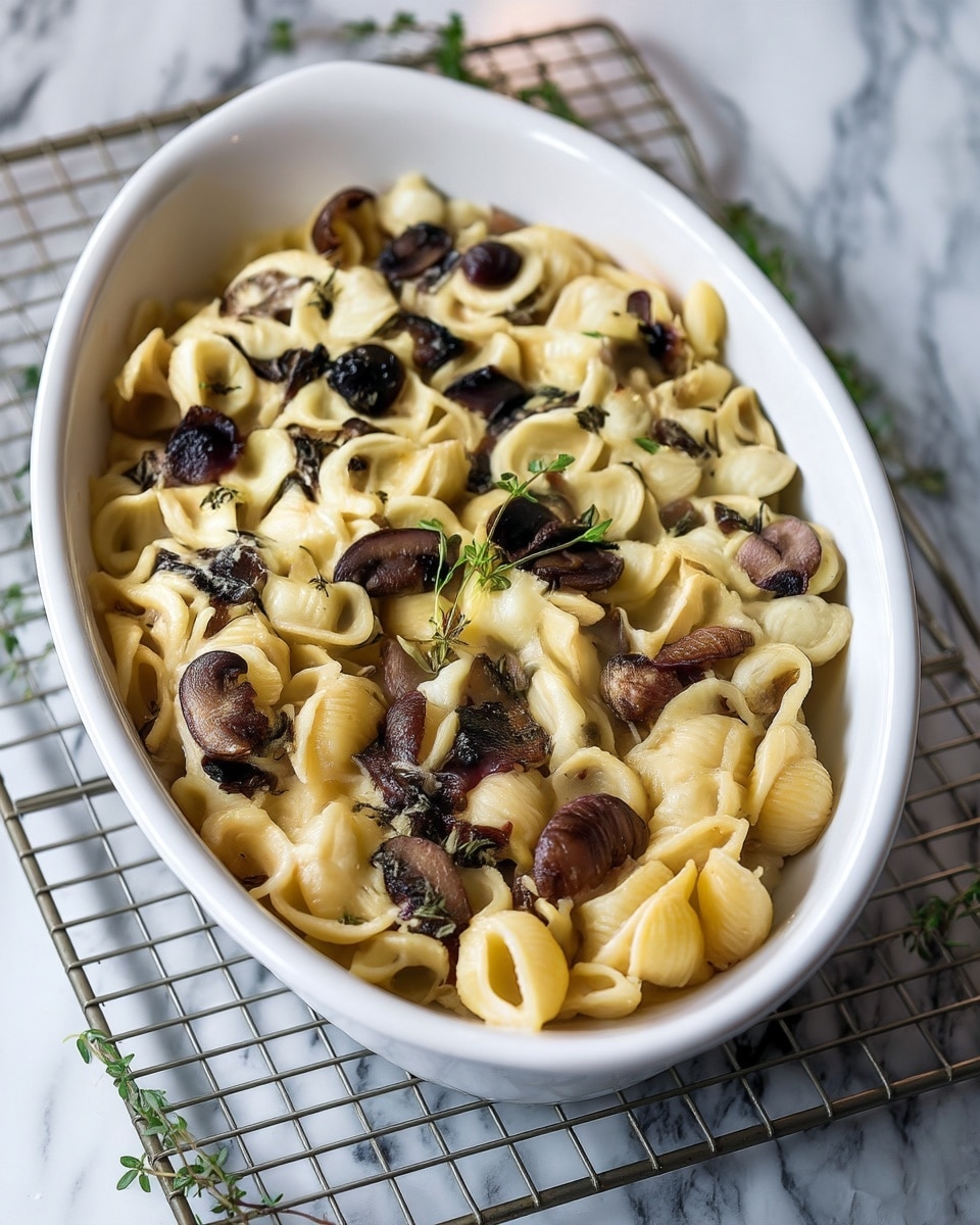 This image shows a white oval dish filled with a pasta bake made of shell-shaped pasta mixed with slices of brown mushrooms. The pasta is creamy and pale yellow, while the mushrooms add a darker brown contrast scattered evenly on top. Small green sprigs of fresh herbs, possibly thyme, are placed on top as garnish. The dish sits on a silver wire cooling rack on a white marbled surface. Photo taken with an iphone --ar 4:5 --v 7