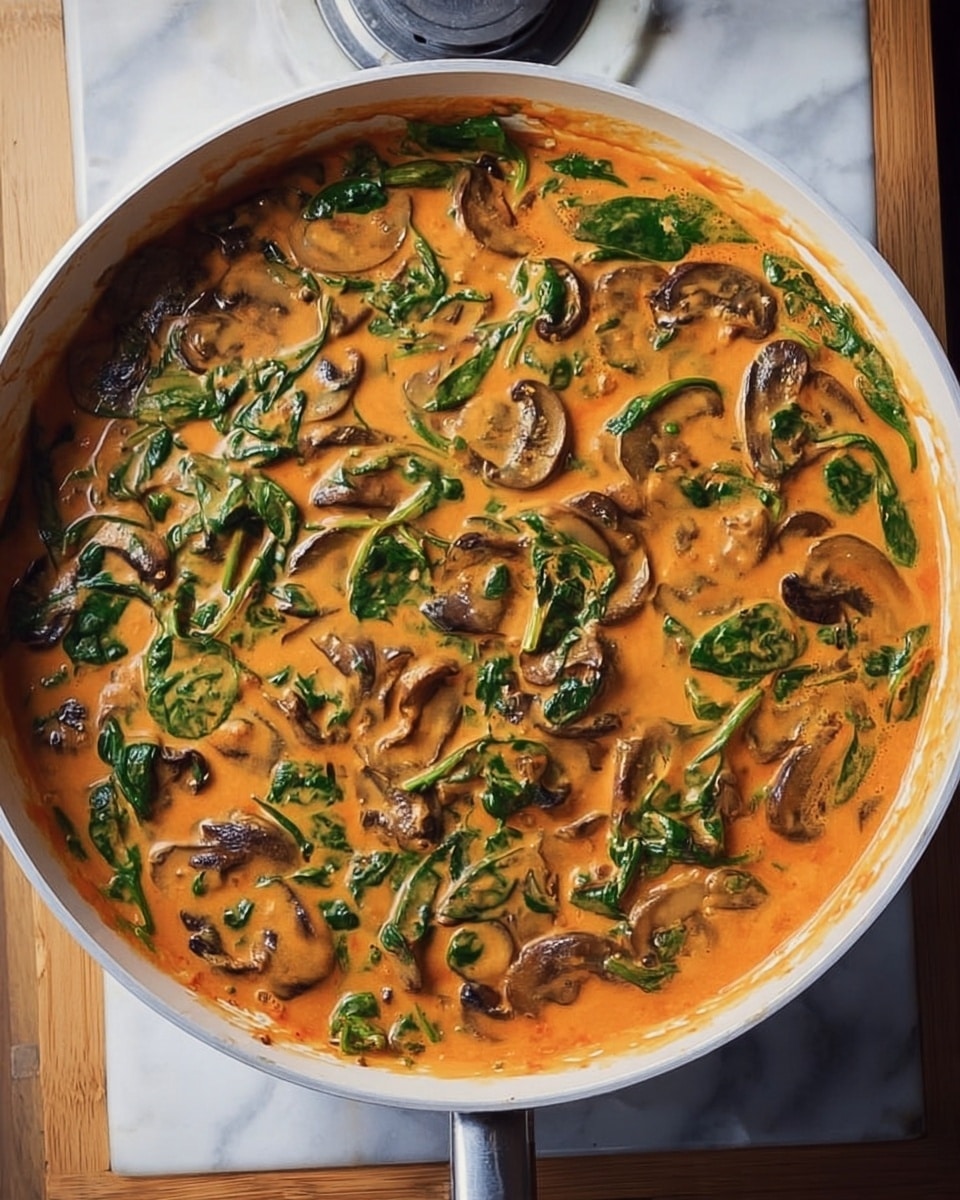 A white shallow pan filled with a creamy orange sauce that covers a mix of dark brown mushroom pieces and bright green chopped spinach leaves, the sauce has a smooth texture with some herbs visible, the pan is set on a small stove burner, all on a white marbled surface. photo taken with an iphone --ar 4:5 --v 7
