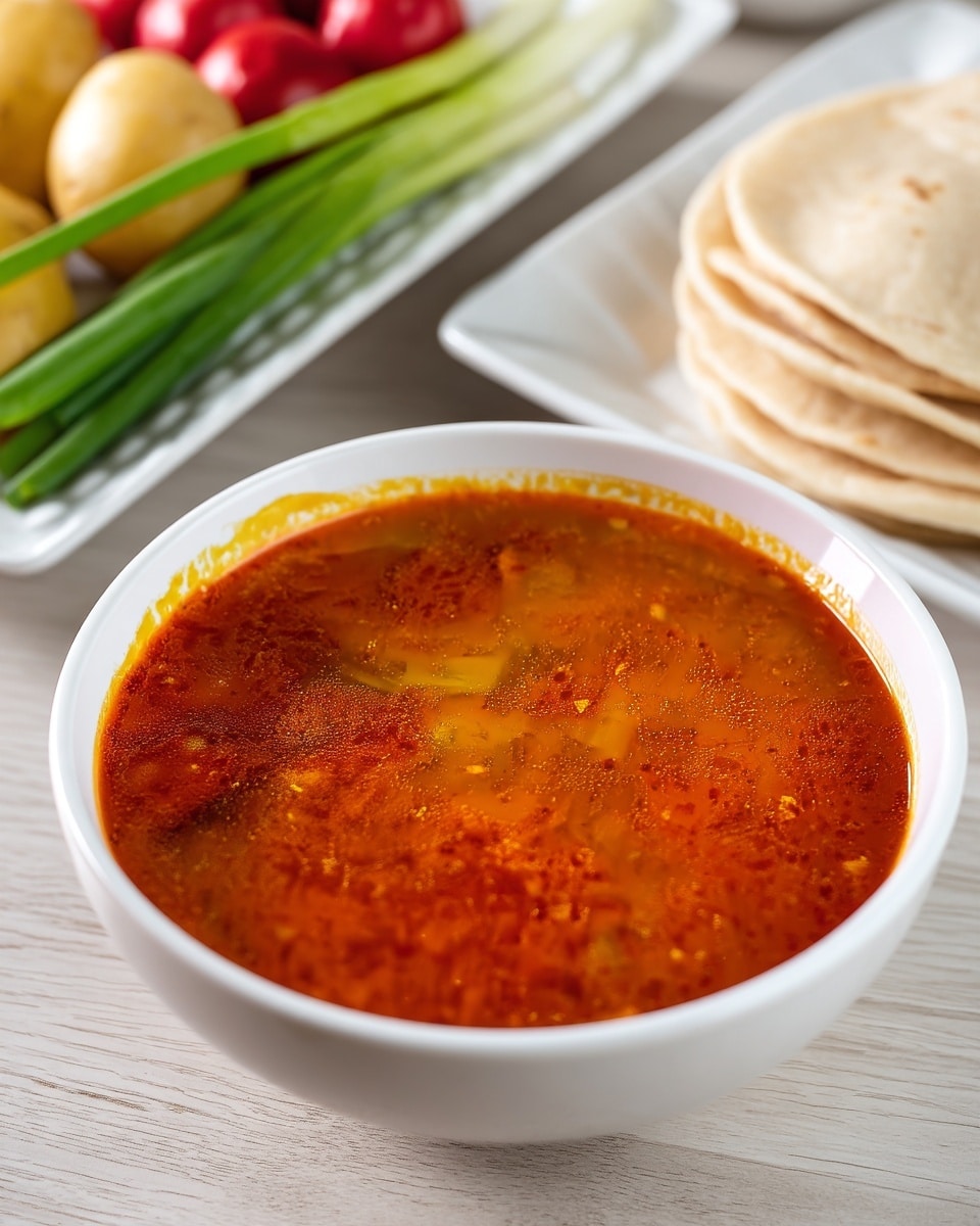 A white bowl filled with a smooth, reddish-orange soup with small visible bits of spices and ingredients floating in the liquid; the soup has a slightly oily surface. The bowl sits on a light wood table, with a white rectangular plate in the background holding fresh green onion stalks and other red vegetables. Next to the plate, there are stacked beige tortillas. On the left edge of the image, another white bowl contains yellow potatoes and chickpeas, partially visible. The background surface is a white marbled texture. Photo taken with an iphone --ar 4:5 --v 7